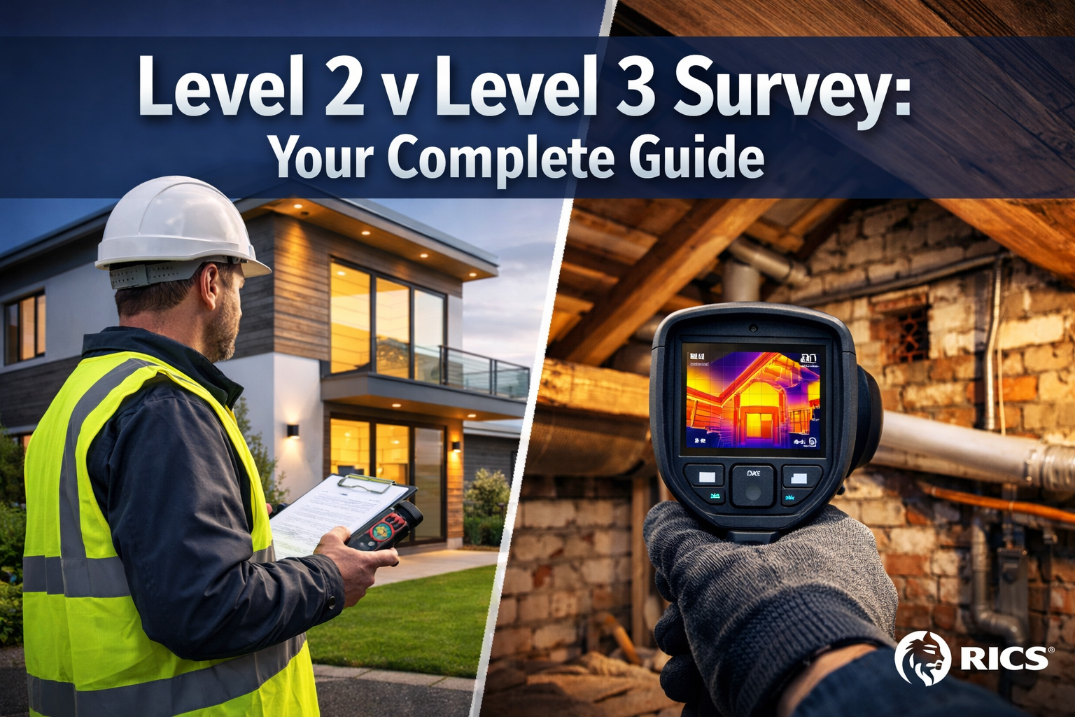 Professional landscape hero image (1536x1024) featuring bold text overlay 'Level 2 v Level 3 Survey: Your Complete Guide' in extra large 72p