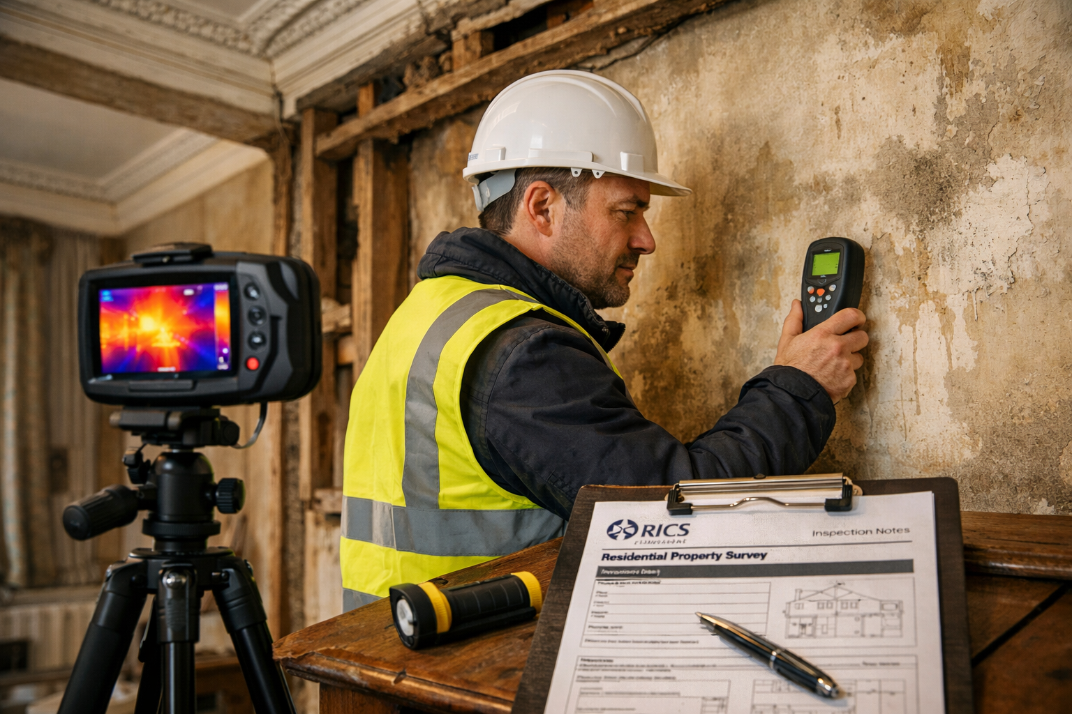 Photorealistic landscape image showing chartered surveyor conducting detailed property inspection inside period property. Scene depicts prof