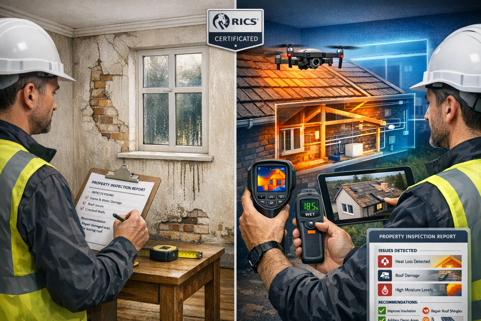 Detailed landscape format (1536x1024) image depicting modern surveyor conducting property inspection using advanced technology tools includi