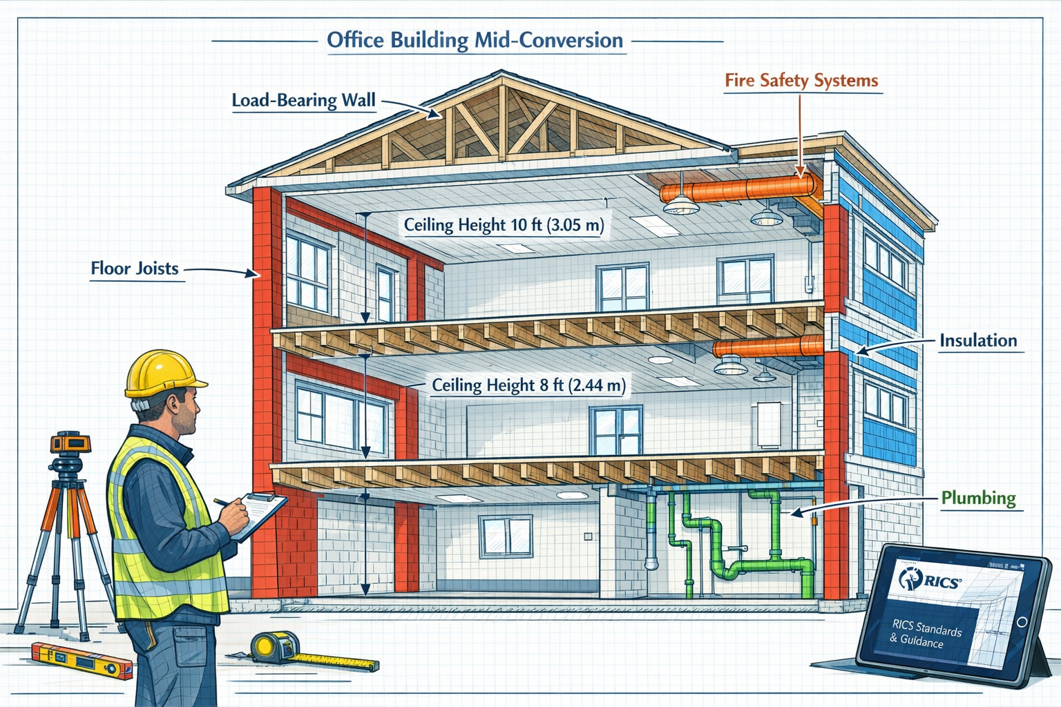 () detailed technical illustration showing cross-section cutaway view of office building mid-conversion, with labeled