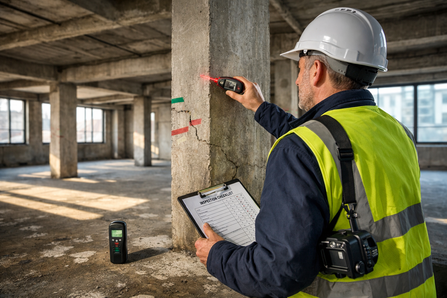 () professional photograph of chartered surveyor conducting detailed structural assessment inside empty commercial office