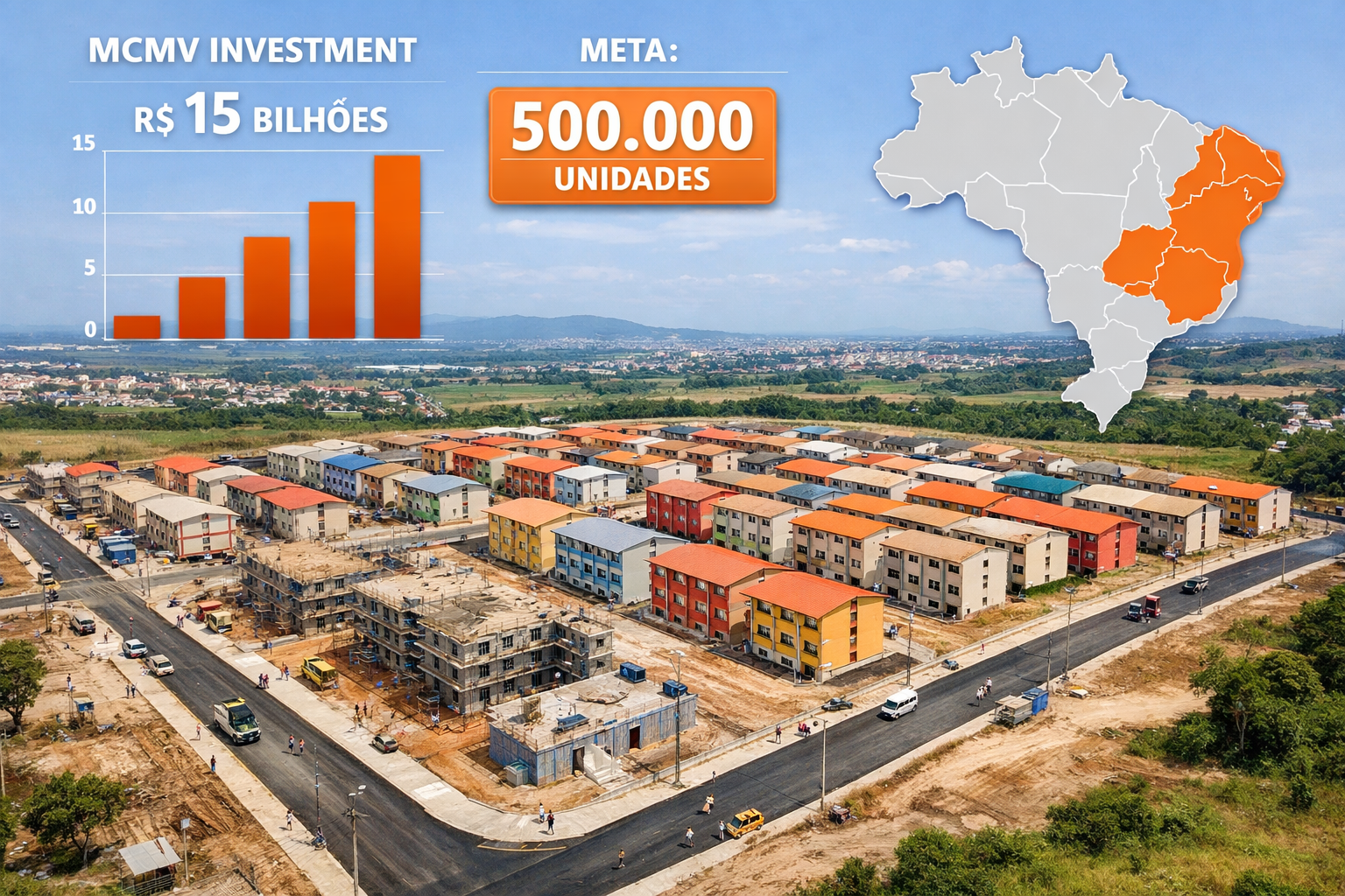 Wide-angle aerial photograph of MCMV affordable housing development in Brazilian secondary city, showing grid-pattern