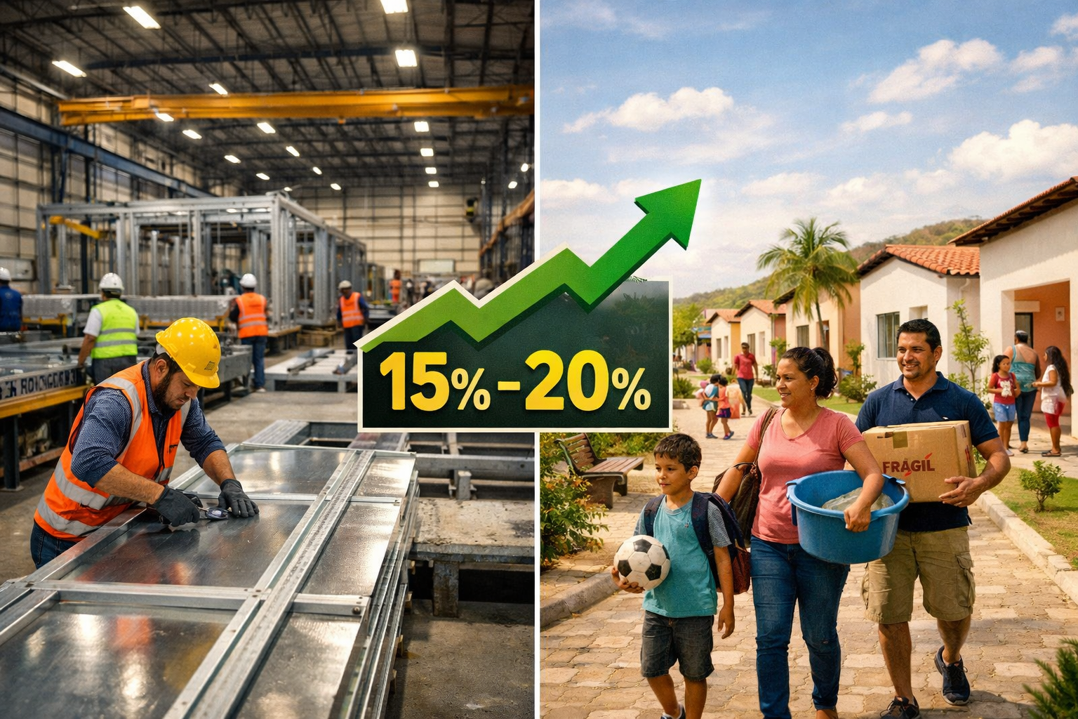 Split-composition landscape image: left half shows modular off-site construction factory floor in São Paulo with light-gauge