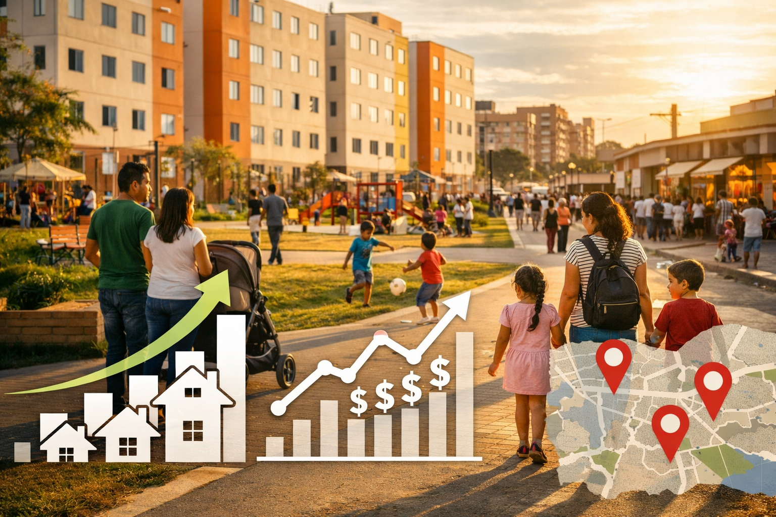 Street-level perspective photograph of new MCMV residential neighborhood in São Paulo outskirts showing young families