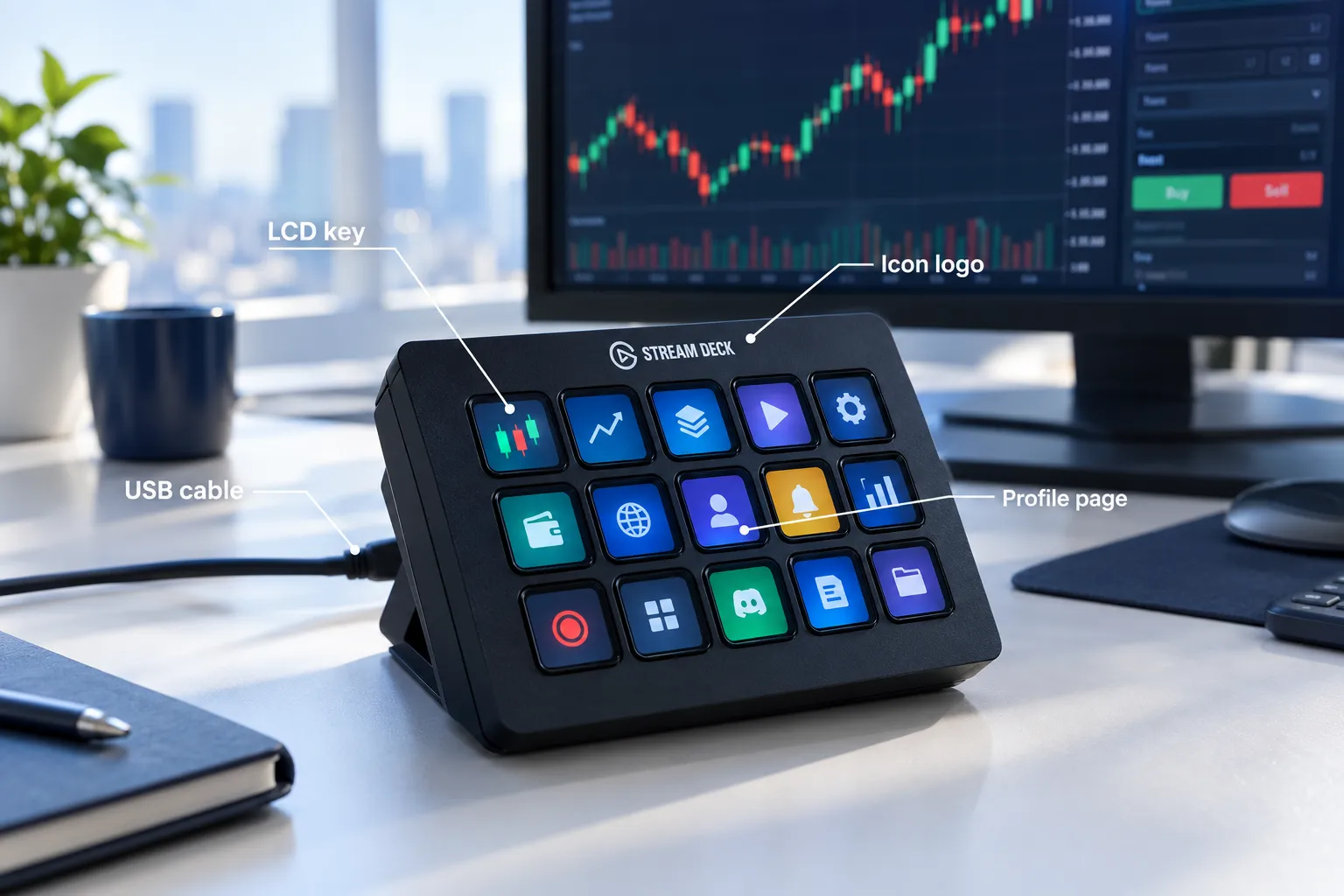 Stream Deck on a trading desk with its LCD keys, icon labels, profile page and USB cable called out