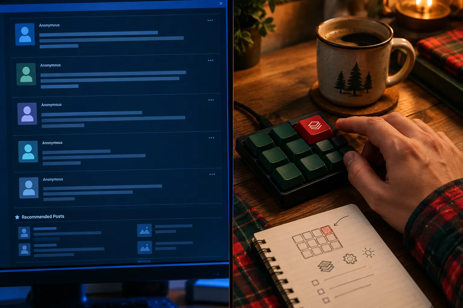 Forum posts on a screen next to a hand pressing a red key on a macro pad