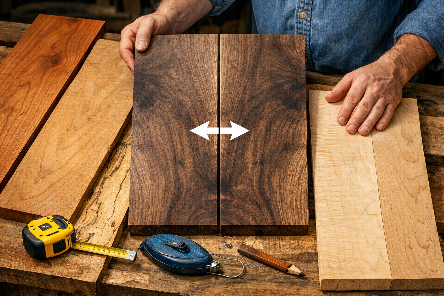 Detailed () image showing various rough-sawn lumber boards being inspected by a woodworker, highlighting distinct grain