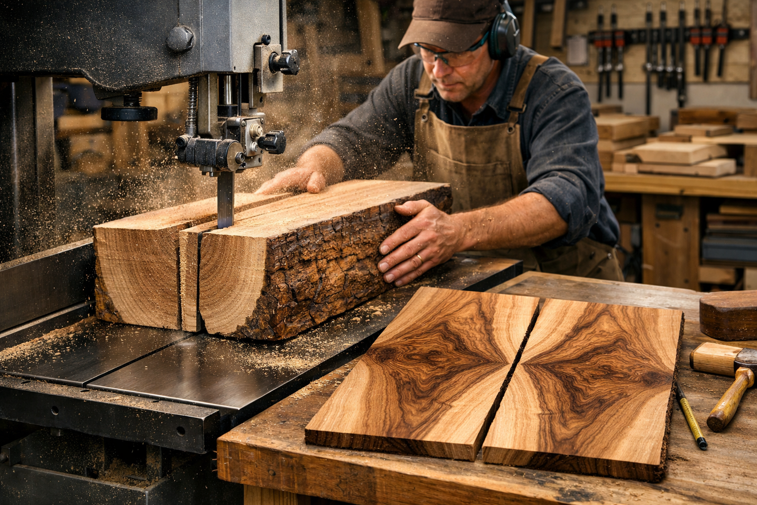 Detailed () image illustrating the milling process for book-matched panels. A skilled woodworker is precisely cutting a