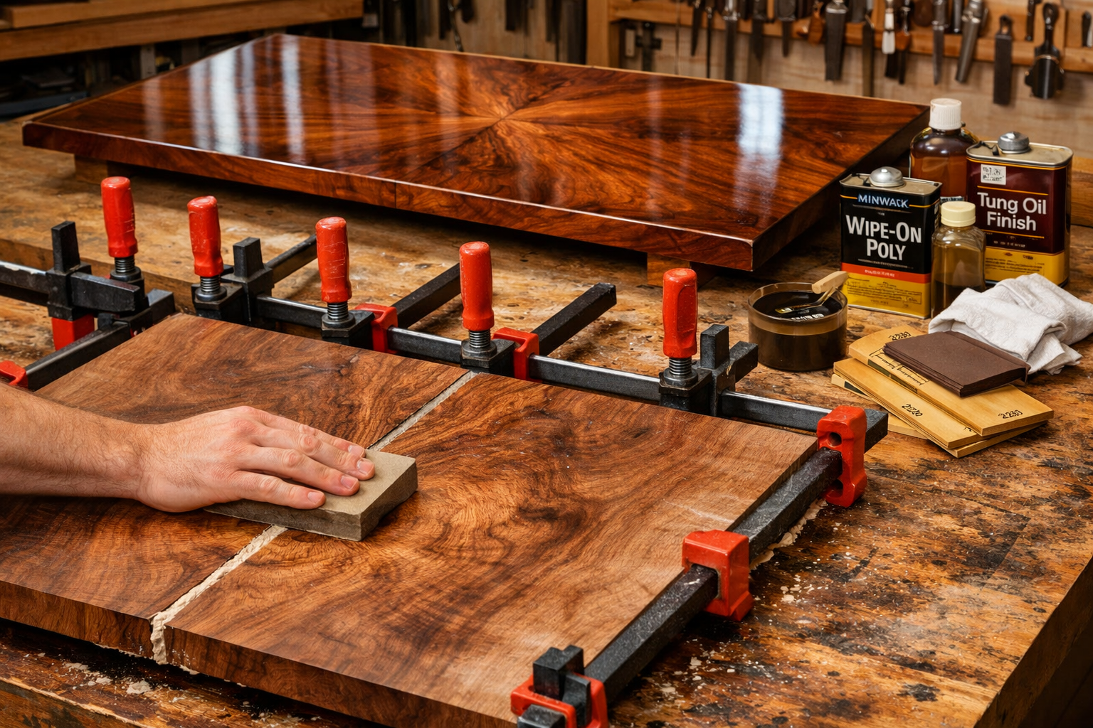 Detailed () image showcasing the final glue-up and finishing steps of a book-matched panel on a large workbench. Multiple
