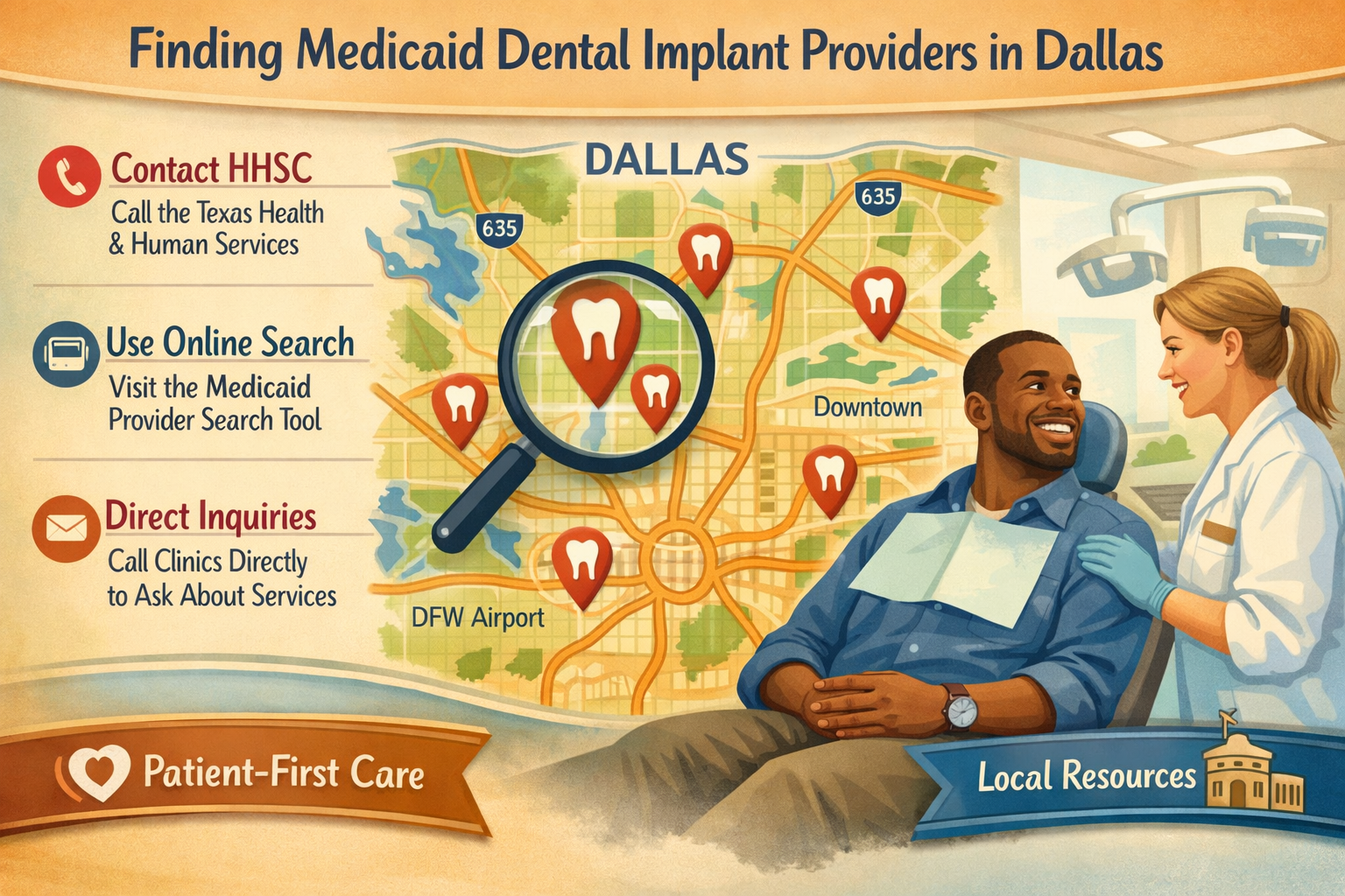 A visual representation in () of the process for finding Medicaid-participating dental providers in Dallas for dental