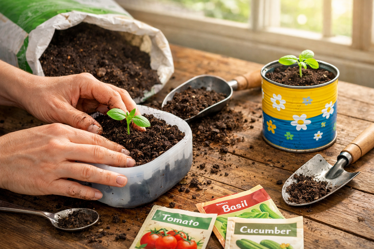 Detailed () image for the section on starting your garden. Features a close-up of hands planting a small seedling into a
