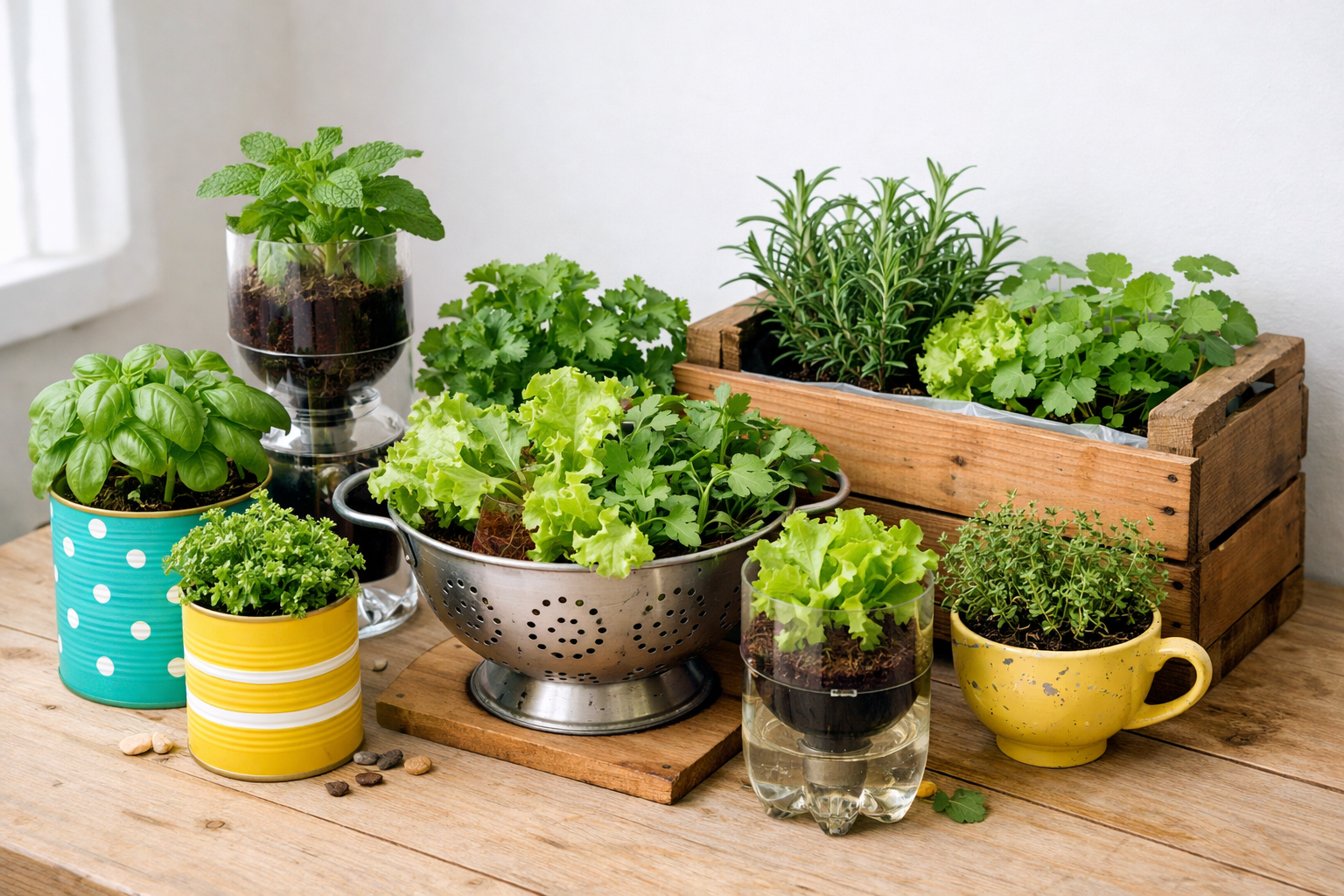 A () image depicting various DIY and repurposed containers used for indoor gardening. Showcase a collection of plants