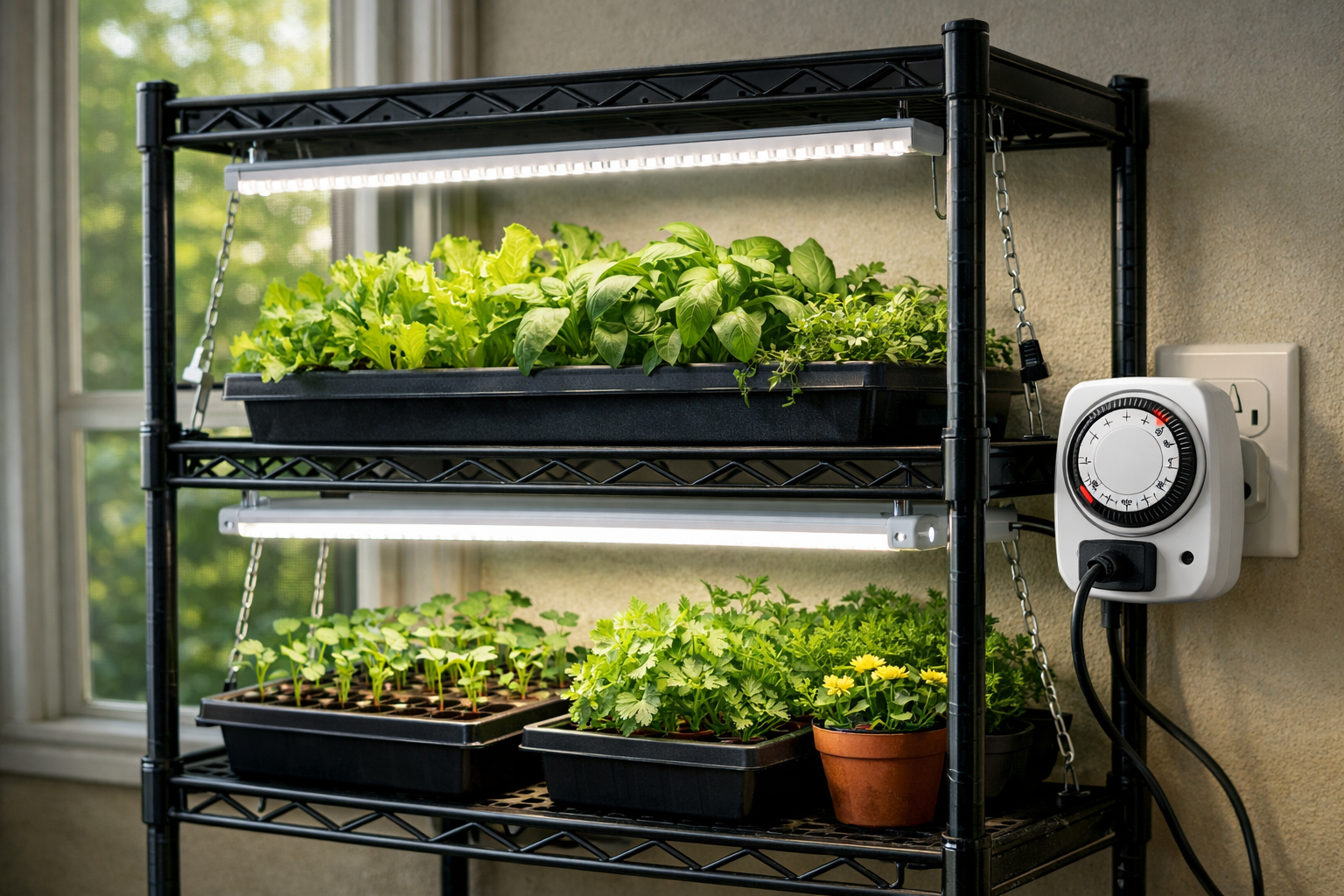 A () image illustrating cost-effective lighting solutions for an indoor garden. Feature a small shelf unit with several