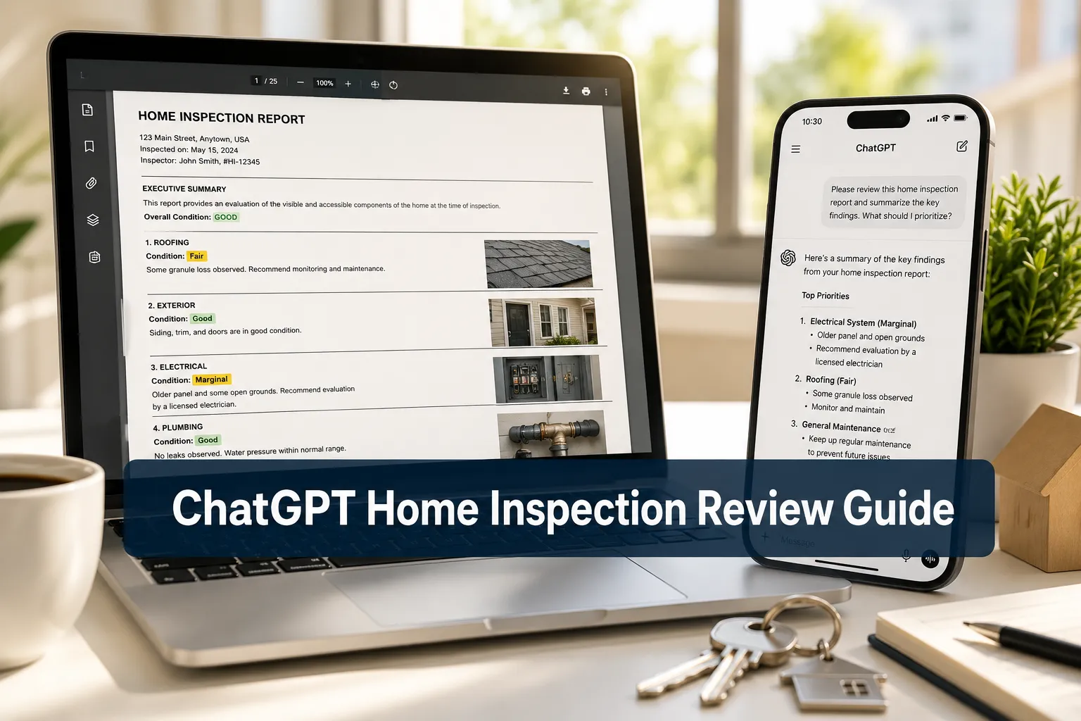 Professional () hero image with (≤42 chars): 'ChatGPT Home Inspection Review Guide', white on a semi-transparent navy panel,