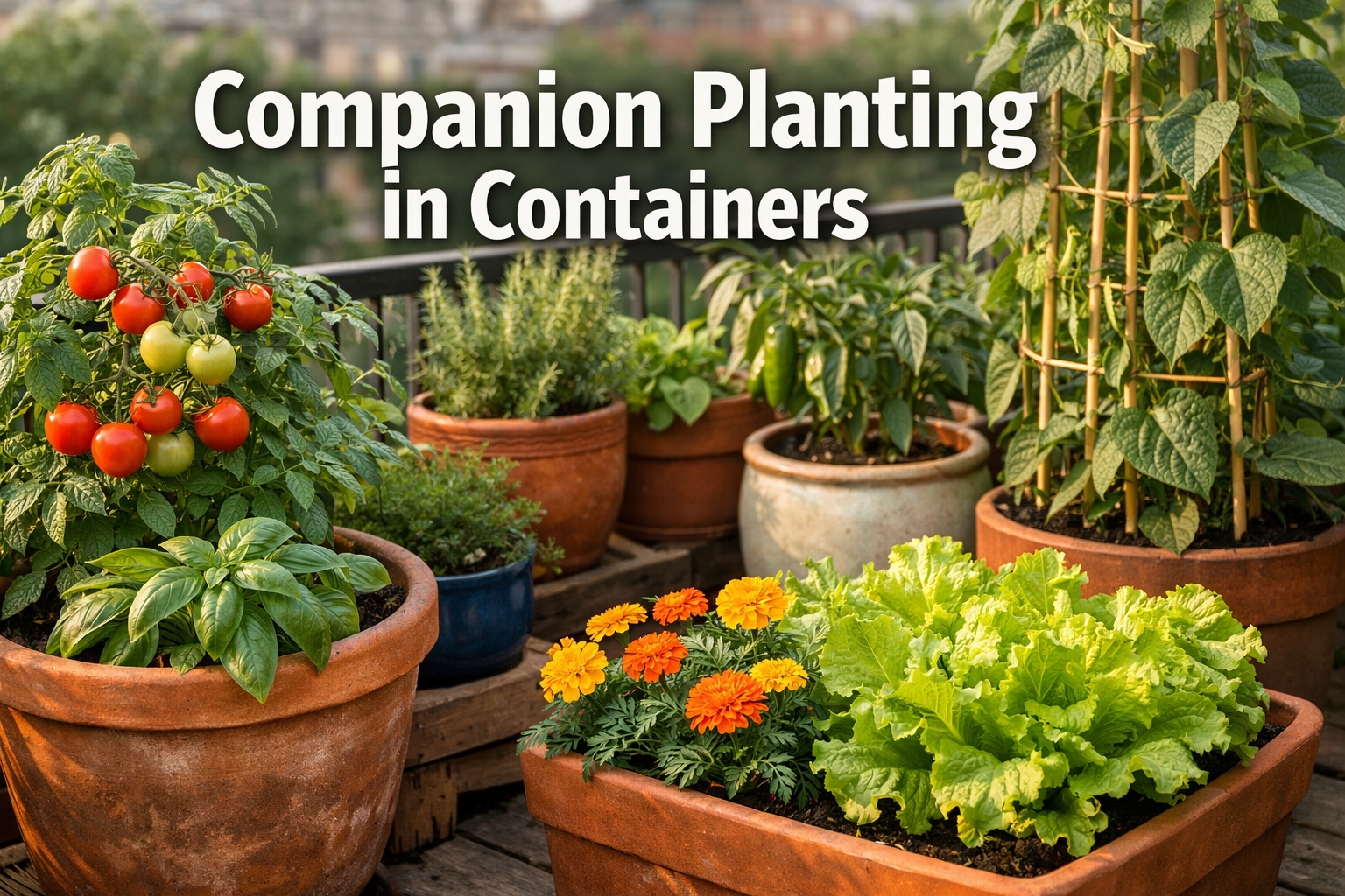 All images must be as if shot with an SLR camera Professional () hero image featuring 'Companion Planting in Containers' in