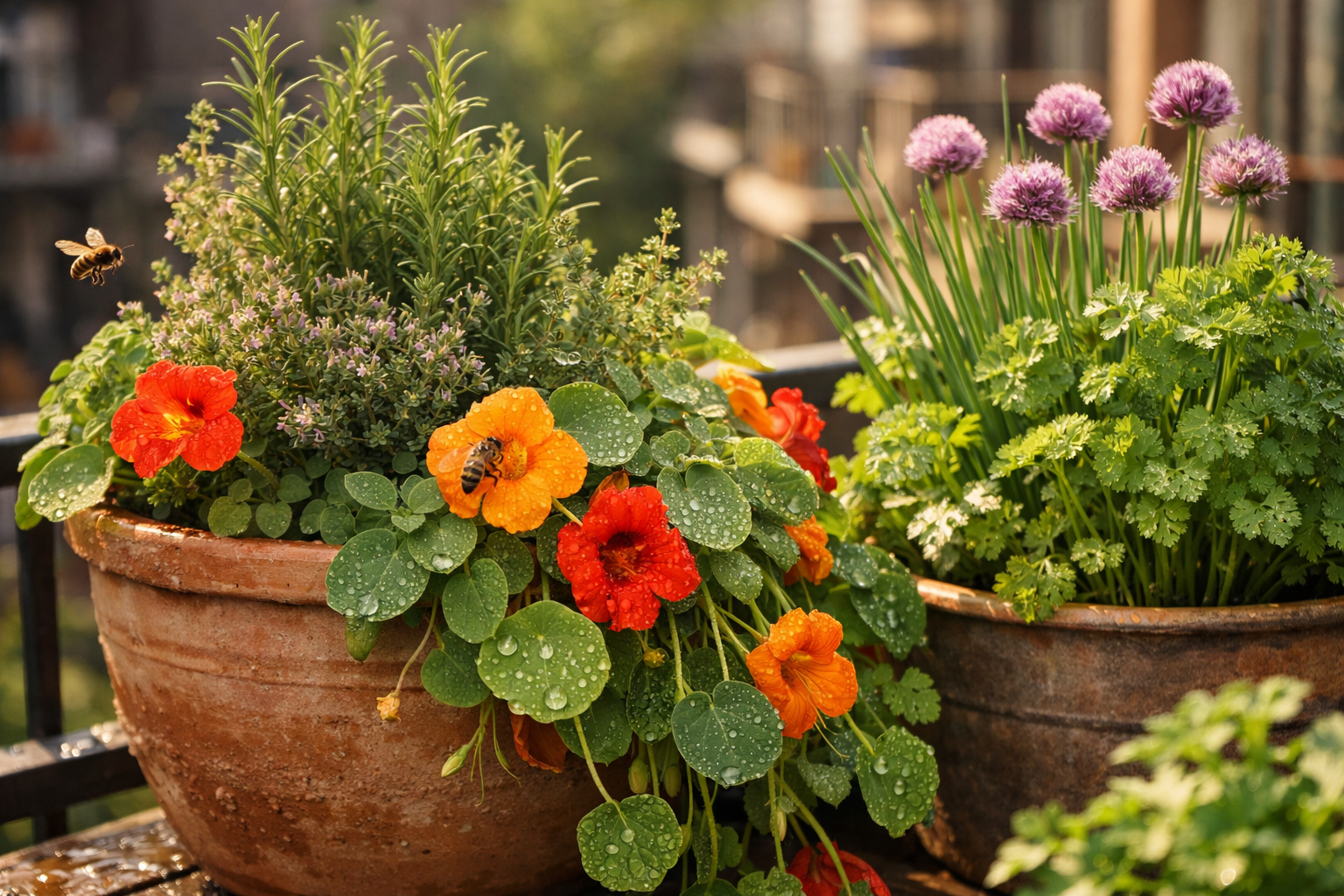All images must be as if shot with an SLR camera Close-up () image of thriving herb container garden showing successful