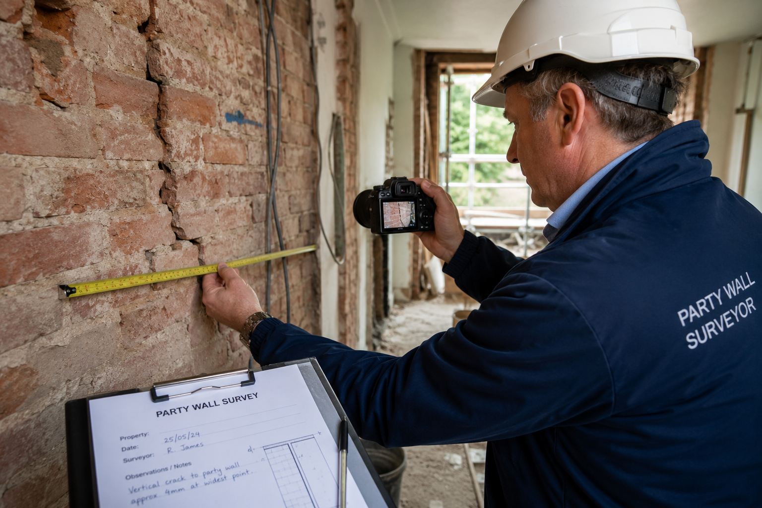() close-up scene of a professional party wall surveyor in a suit and hard hat conducting a detailed inspection inside a