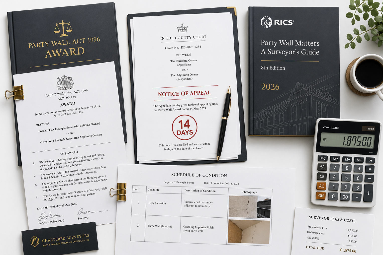 () professional flat-lay composition on a clean white desk showing party wall award legal documents, a county court appeal
