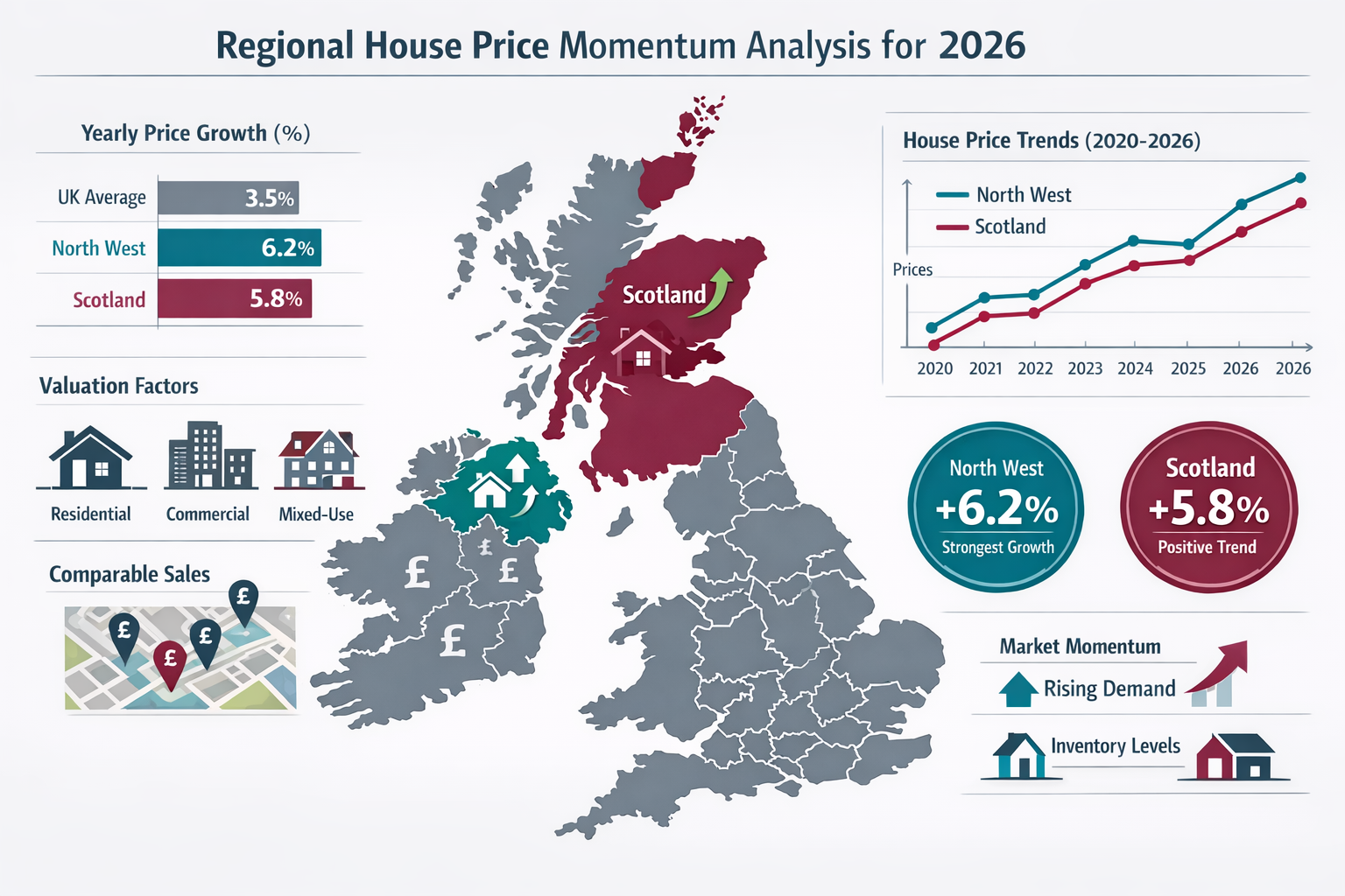 Comprehensive () infographic-style image displaying regional house price momentum analysis for 2026. Central element shows