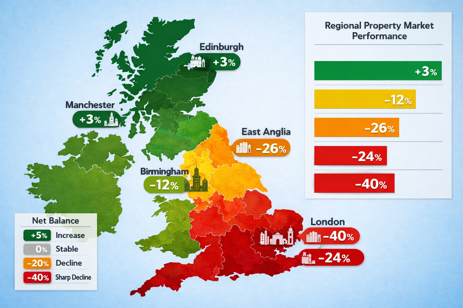 Detailed () image depicting UK geographical map with distinct regional color coding showing property market divergence: