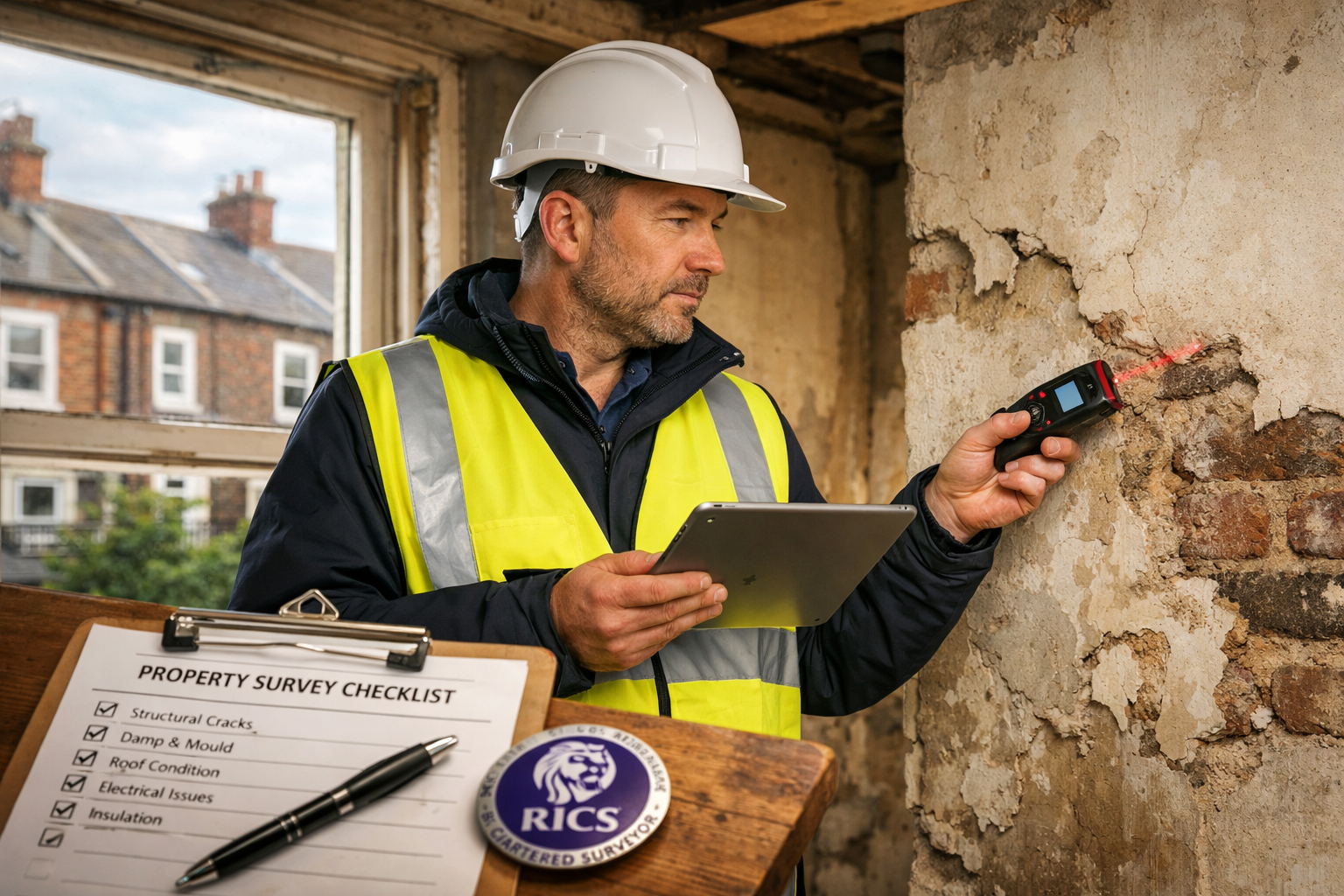 Detailed () image showing professional RICS chartered building surveyor conducting property inspection, wearing