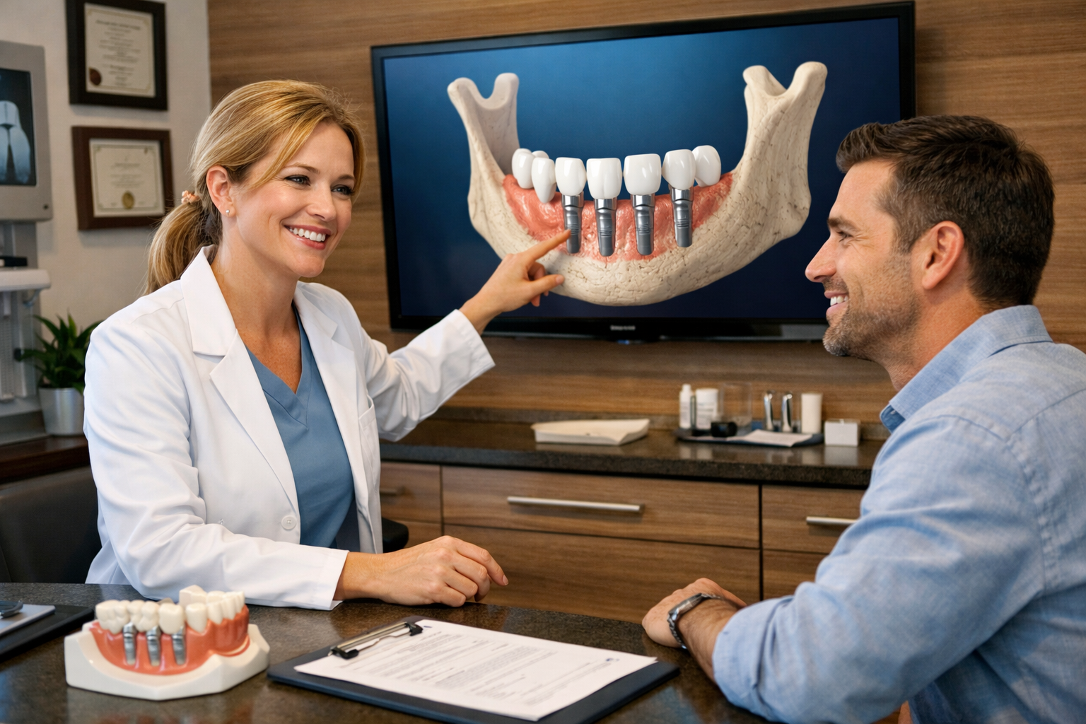 An image depicting a patient having a reassuring and informative consultation with a dentist in a modern Dallas dental office. The dentist i