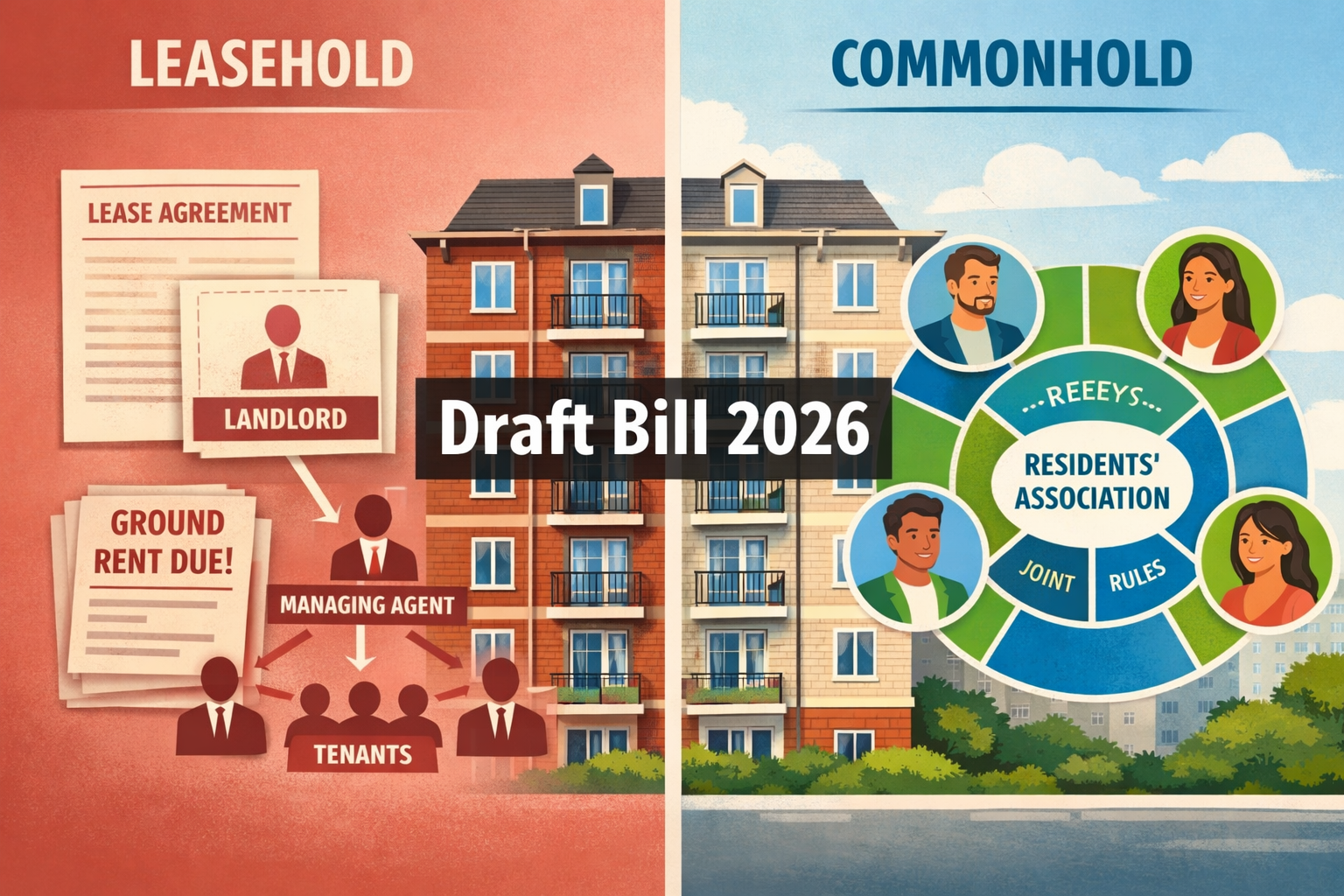 Detailed () editorial illustration showing a split-scene comparison: left side depicts a traditional leasehold document with