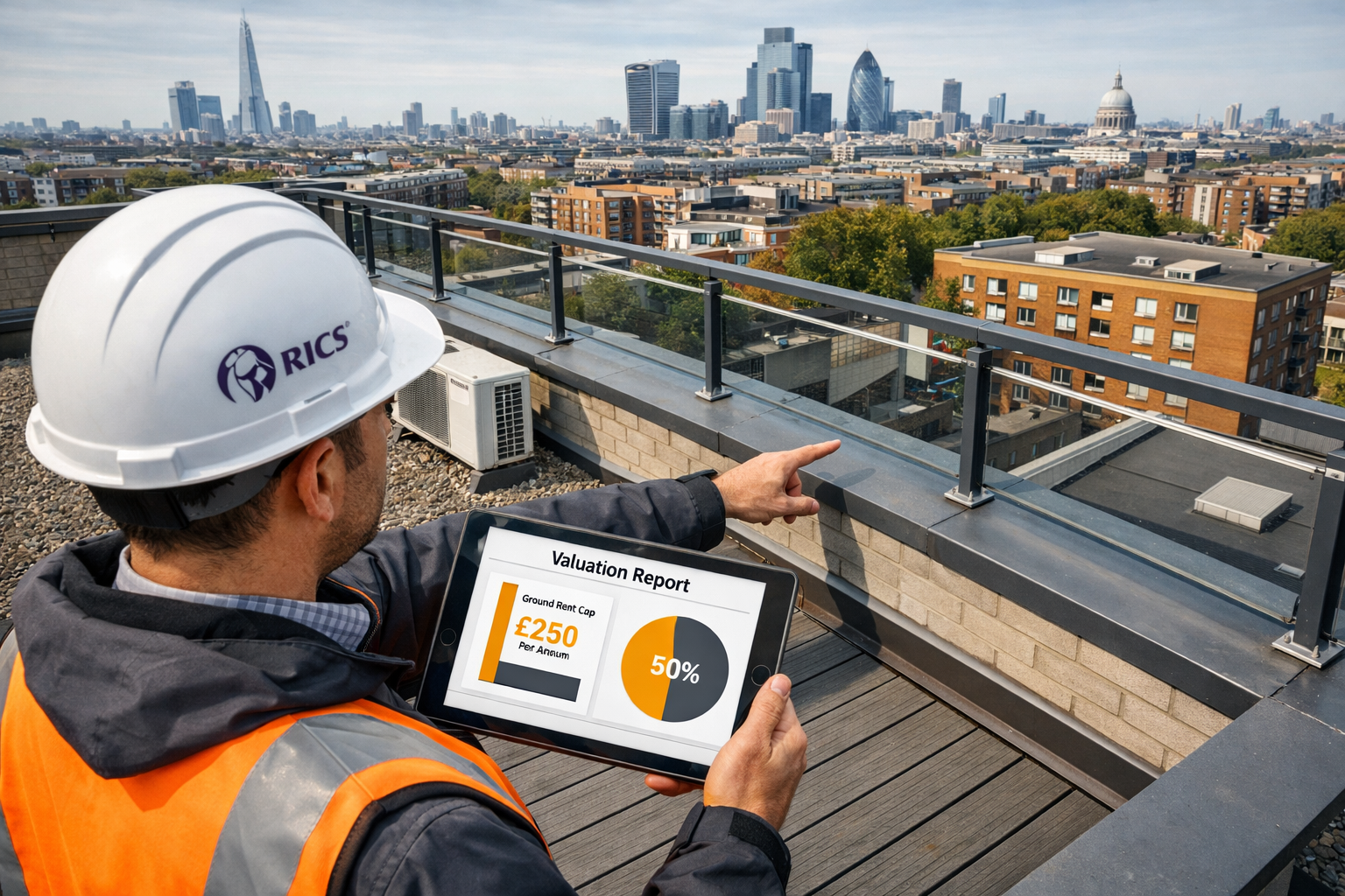 () overhead bird's-eye view photograph of a RICS-accredited building surveyor on a rooftop terrace of a multi-storey