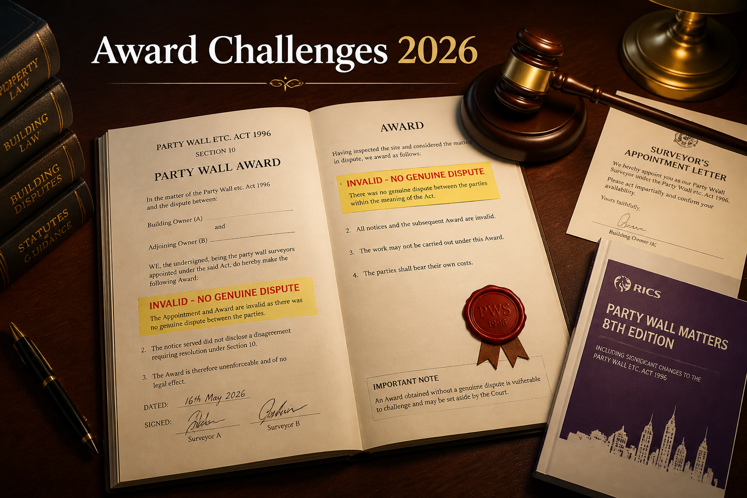 Detailed () showing a courtroom-style overhead view of a party wall award document spread open on a mahogany desk, with a