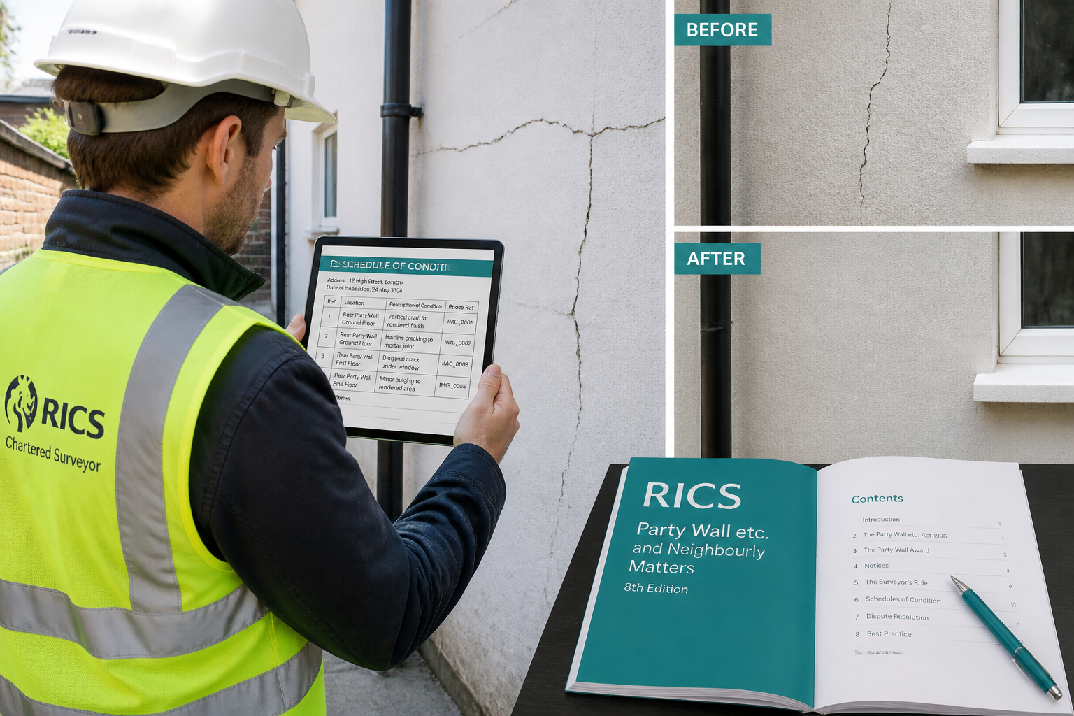 () showing a professional surveyor conducting a pre-construction inspection at a party wall, photographing existing cracks