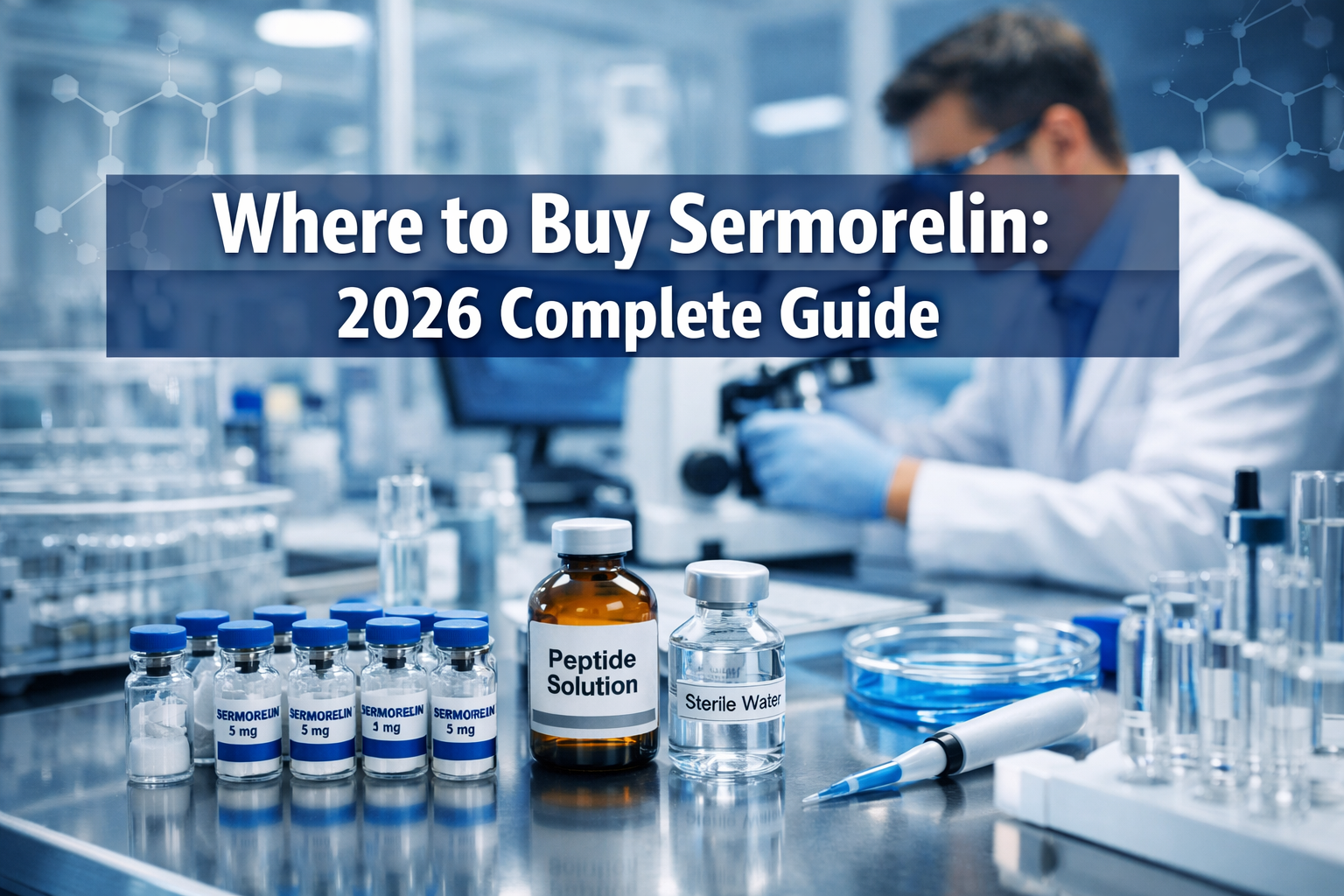 Professional landscape hero image (1536x1024) featuring bold text overlay 'Where to Buy Sermorelin: 2026 Complete Guide' in extra large 72pt