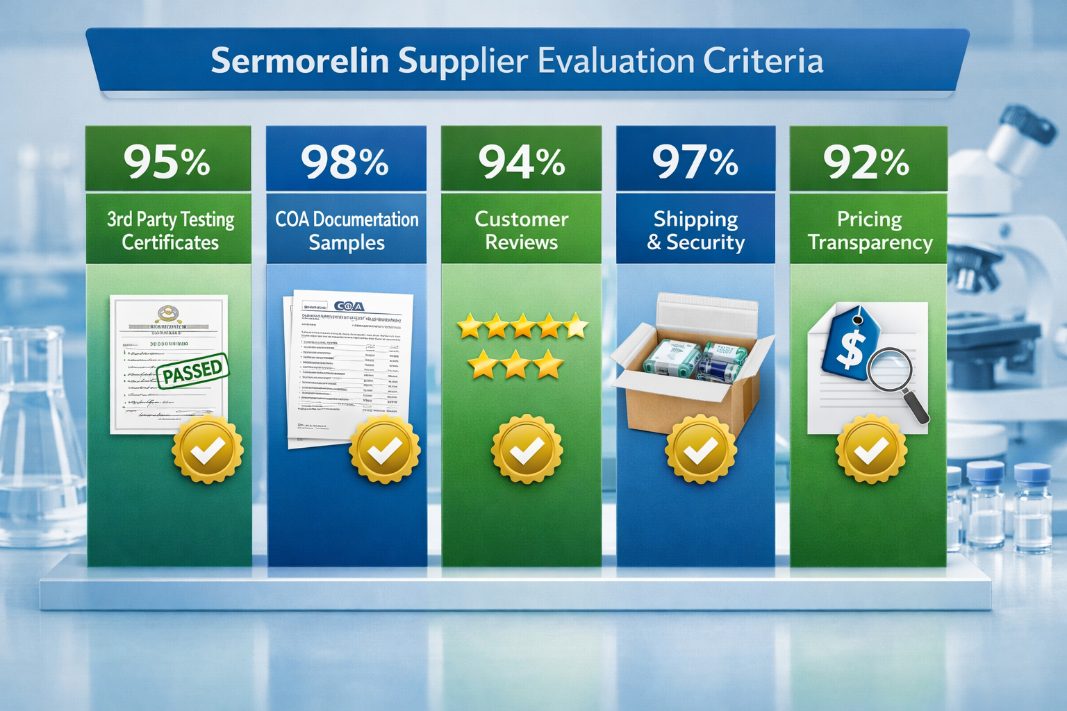 Landscape composition (1536x1024) depicting comparison chart of serm supplier evaluation criteria with five vertical bars showing diff