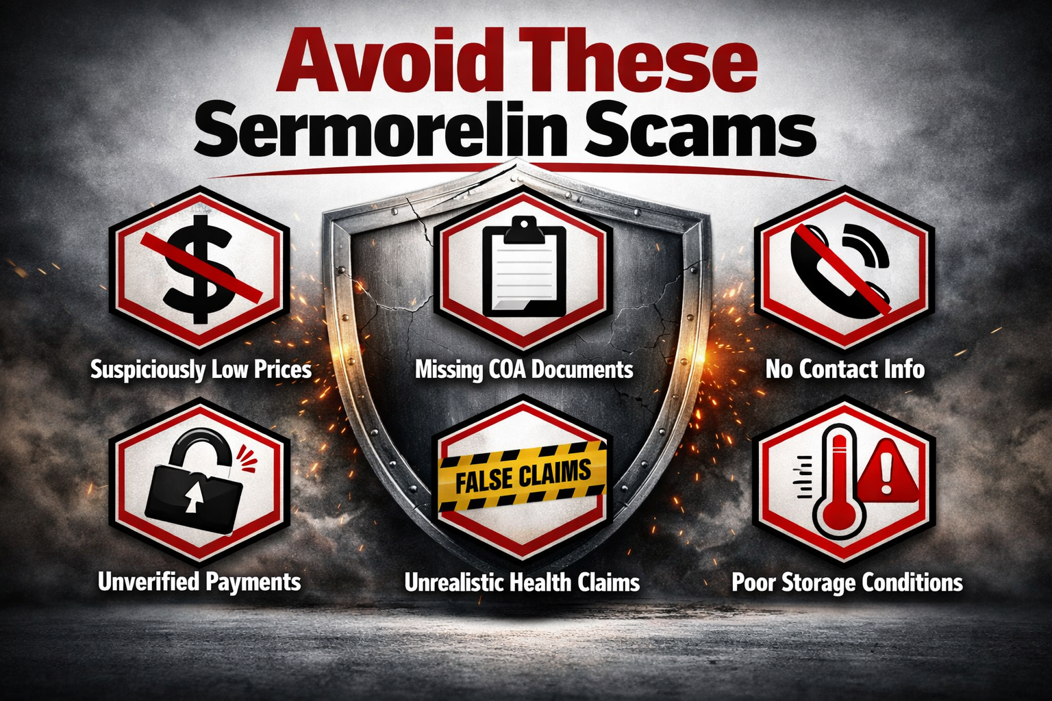 Professional landscape image (1536x1024) showing red flag warning signs for peptide purchasing with hexagonal warning icons arranged in grid