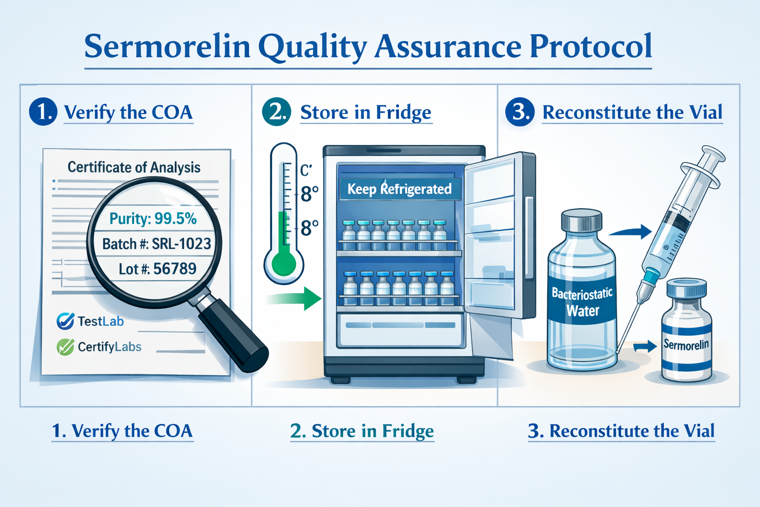 Landscape educational diagram (1536x1024) illustrating proper serm verification and storage protocol with step-by-step visual guide. L
