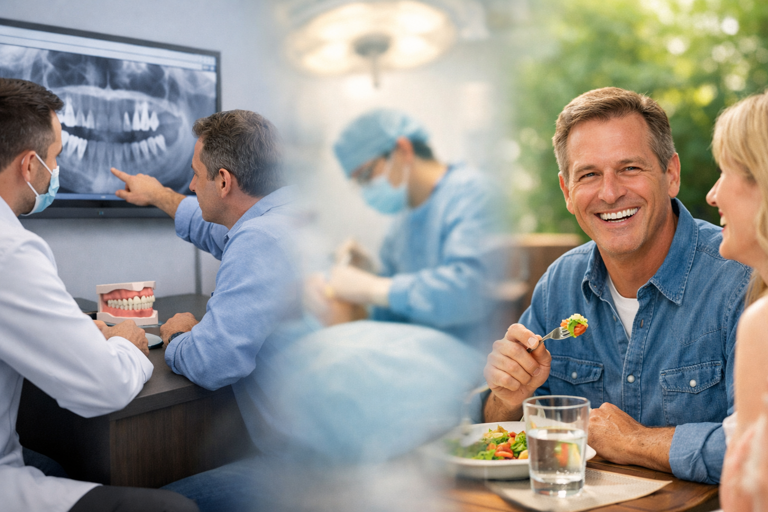 () image depicting the journey from initial consultation to a confident, restored smile. On one side, a patient is engaged