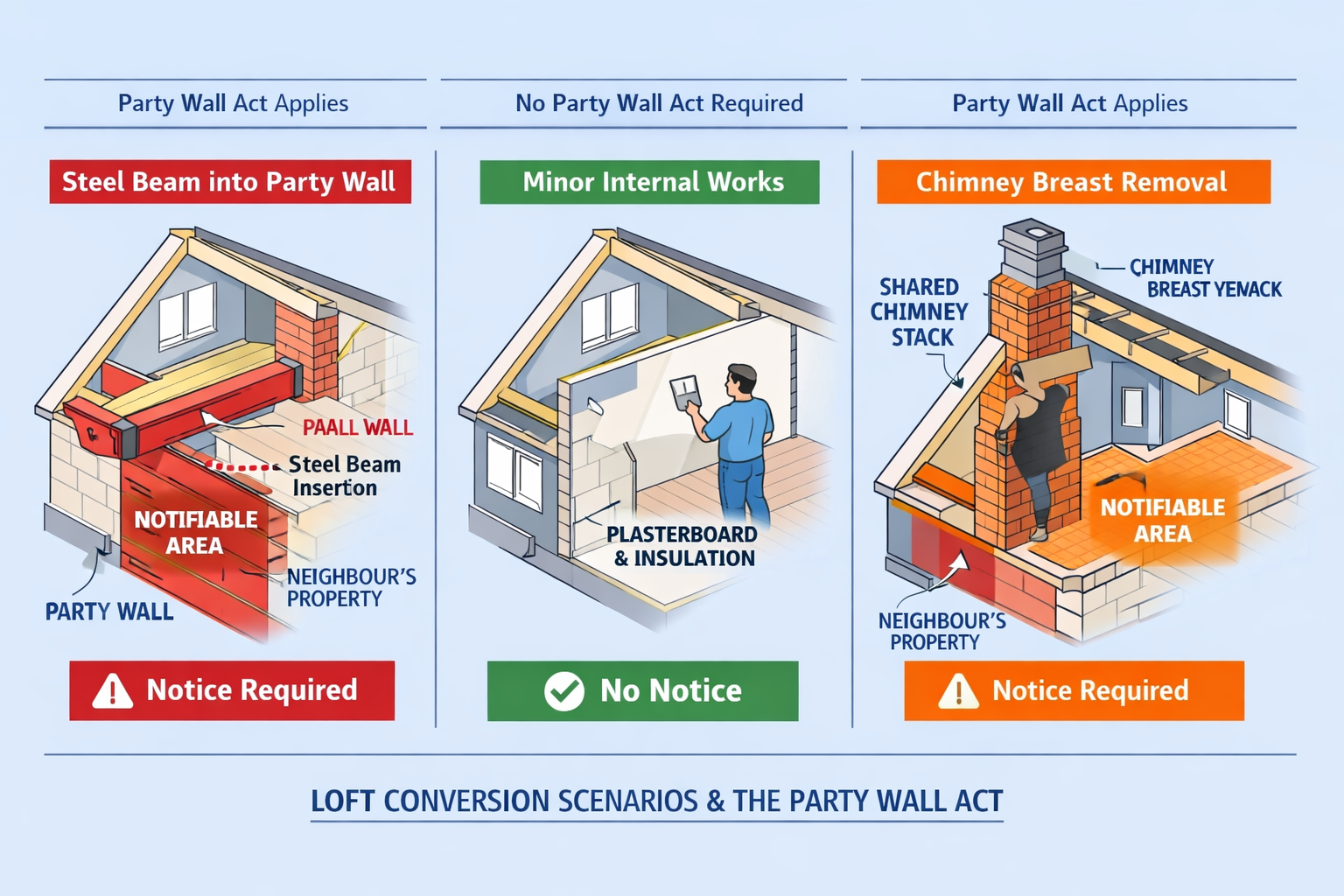 Detailed () technical illustration showing three-panel comparison of loft conversion structural work scenarios: left panel