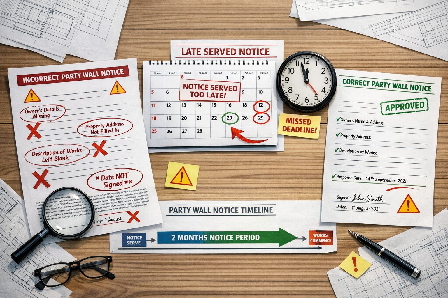 () image showing common party wall notice errors as annotated document mockups spread across desk surface: incorrect notice