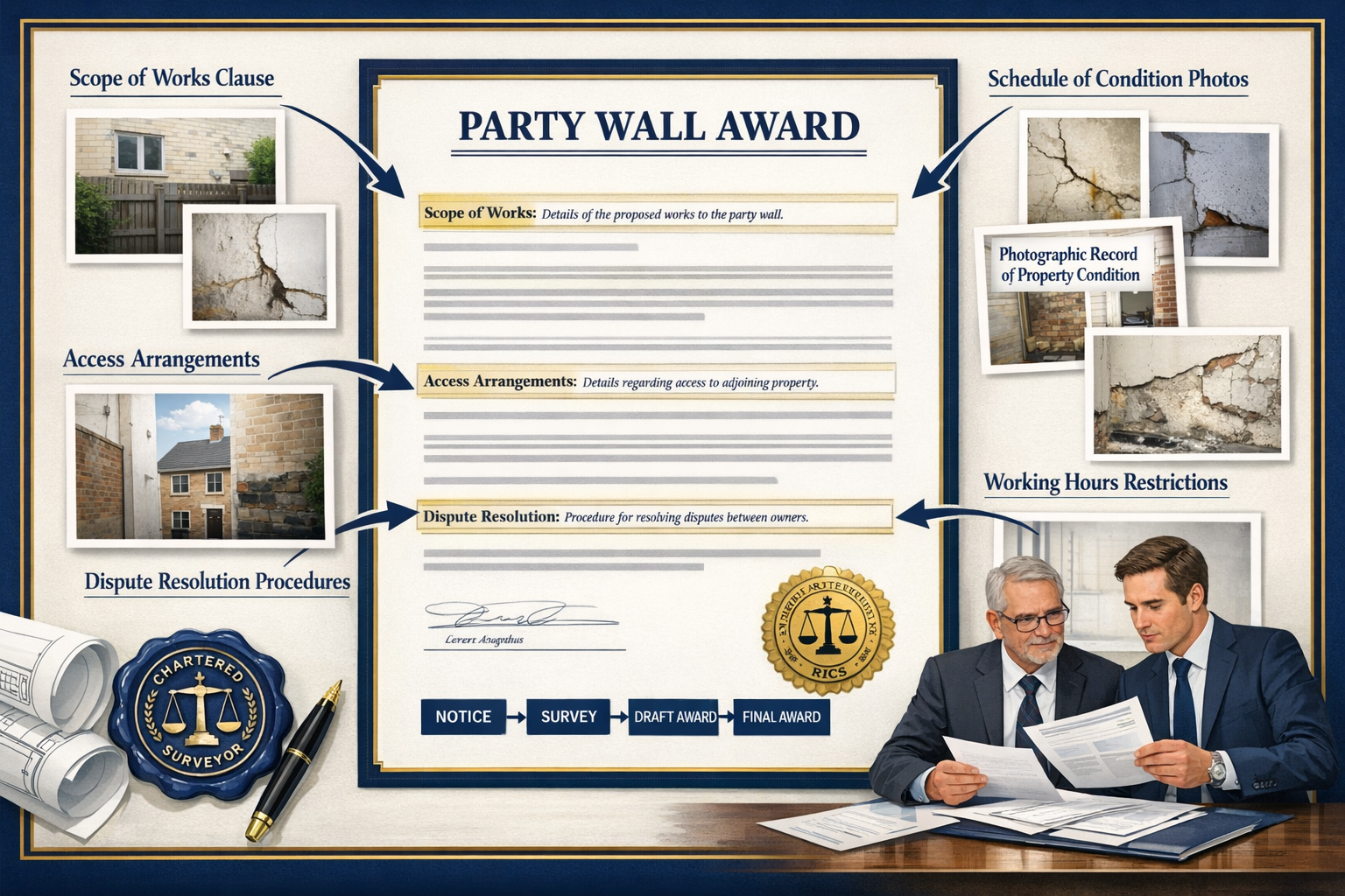 Professional () illustration of formal Party Wall Award document as central focus with detailed callouts and arrows pointing