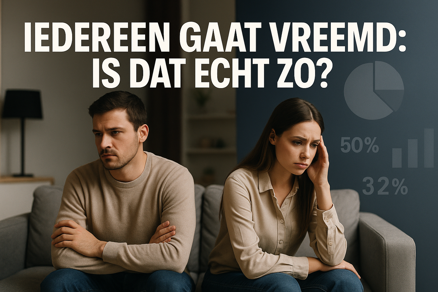 Professional landscape hero image (1536x1024) featuring bold text overlay 'Iedereen Gaat Vreemd: Is Dat Echt Zo?' in extra large 72pt white