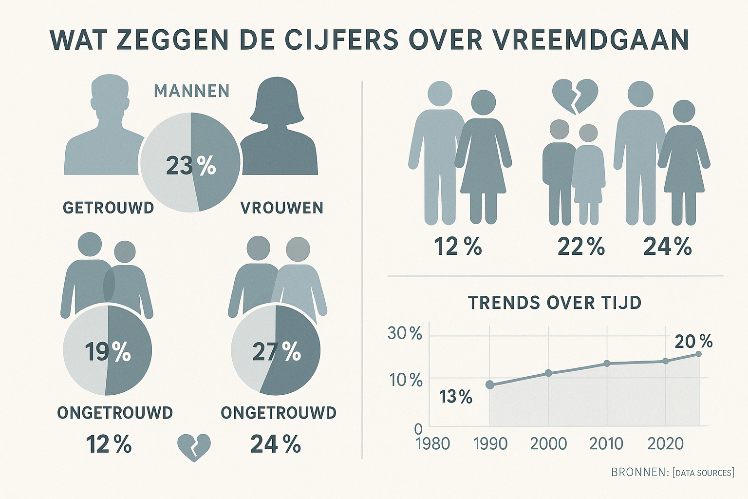 Infographic-style statistical visualization depicting 'Wat Zeggen de Cijfers Over Vreemdgaan' with multiple data layers. Central graphic sho