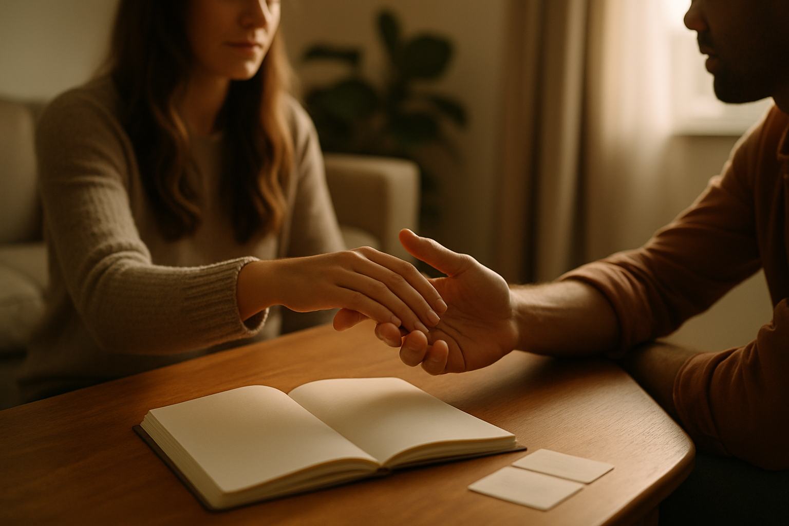 Professional landscape image (1536x1024) depicting relationship trust and communication. Main focus: close-up of couple's hands reaching tow