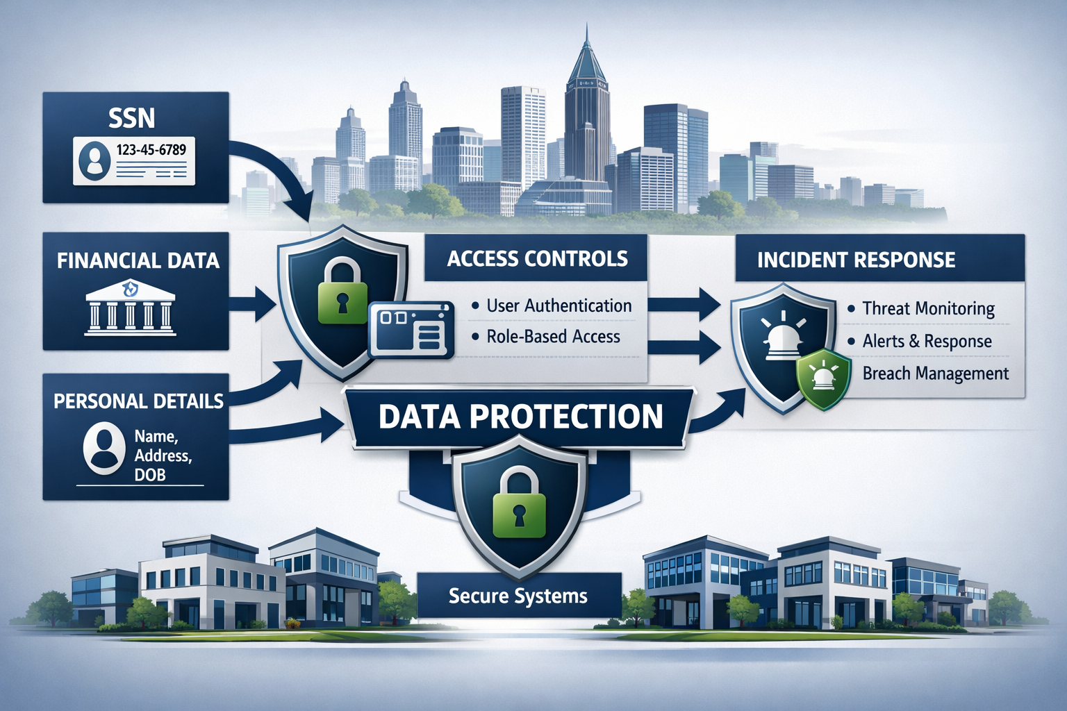 Comprehensive data protection flowchart illustration showing customer information types (SSN, financial data, personal details) flowing thro