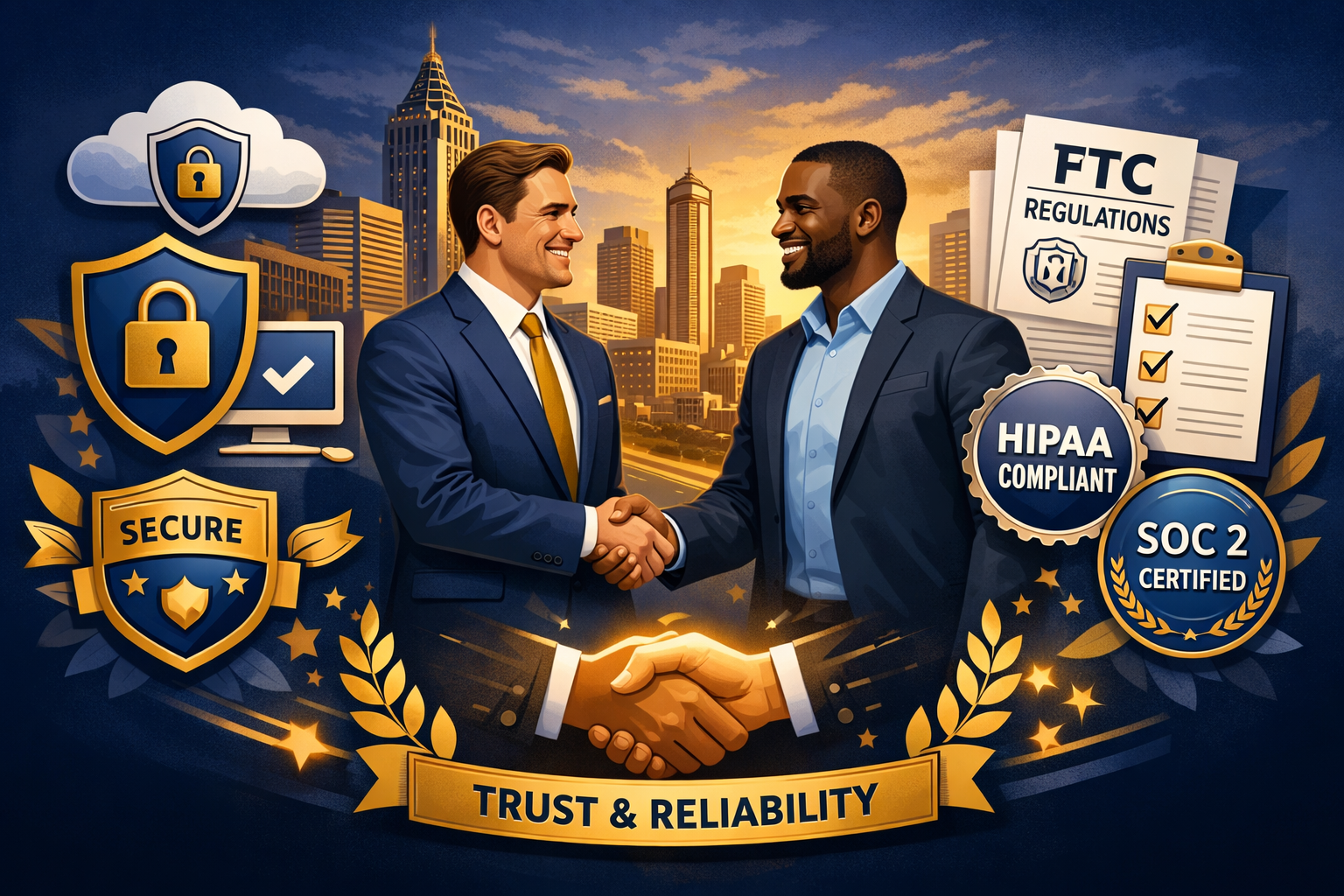 Strategic partnership illustration showing business owner shaking hands with IT provider, surrounded by security icons, compliance badges, F