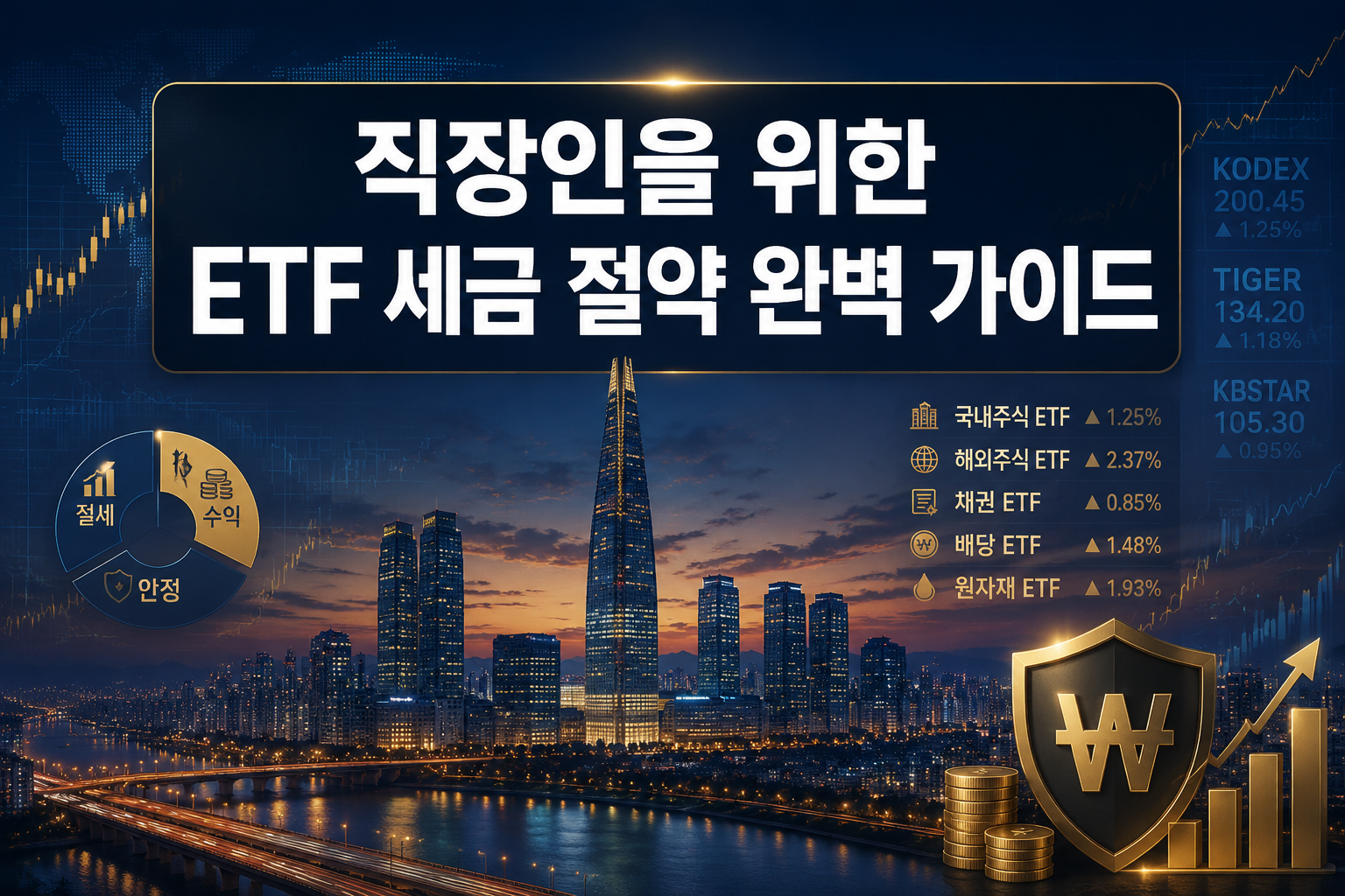 Professional () hero image with Korean '직장인을 위한 ETF 세금 절약 완벽 가이드' in extra large white with dark semi-transparent background