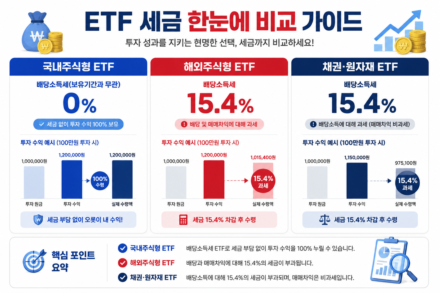 () infographic-style illustration showing three columns labeled '국내주식형 ETF', '해외주식형 ETF', '채권·원자재 ETF' with tax rate
