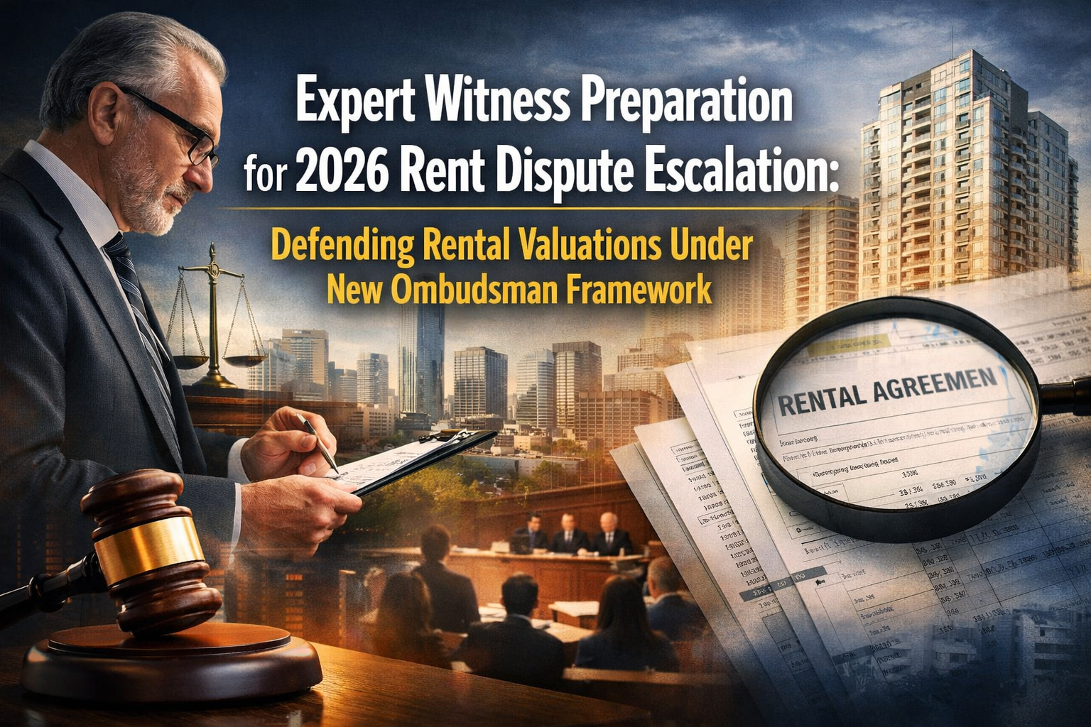 Professional landscape hero image () with : "Expert Witness Preparation for 2026 Rent Dispute Escalation: Defending Rental