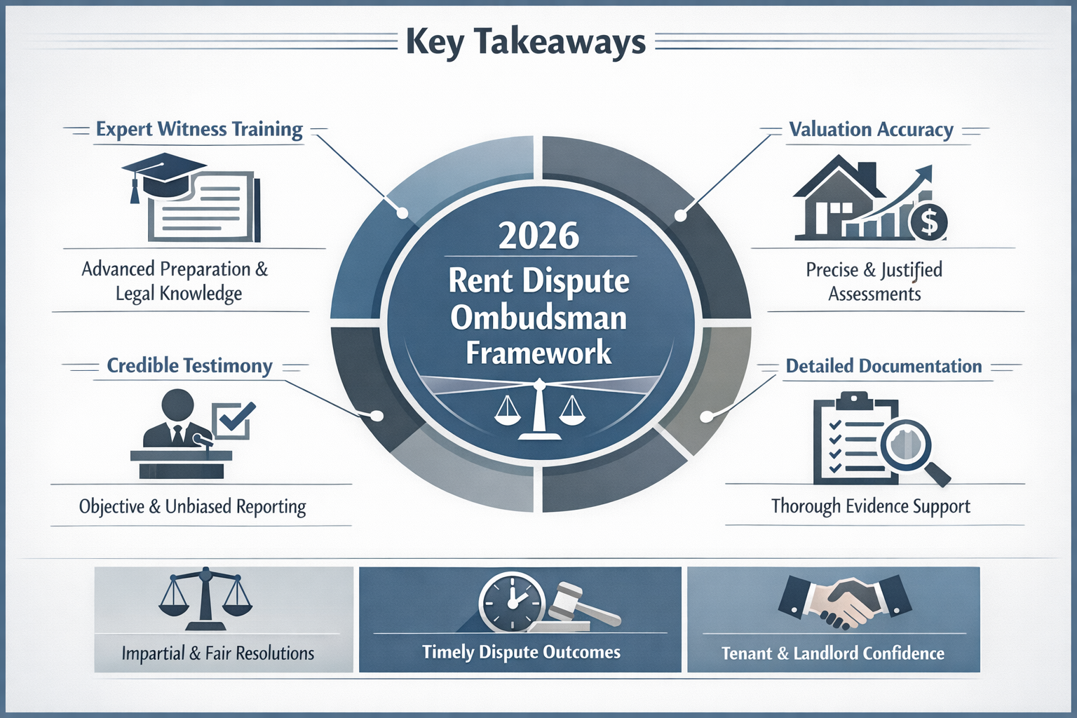 Key Takeaways section infographic with strategic visual hierarchy: central circular diagram showing 2026 Rent Dispute