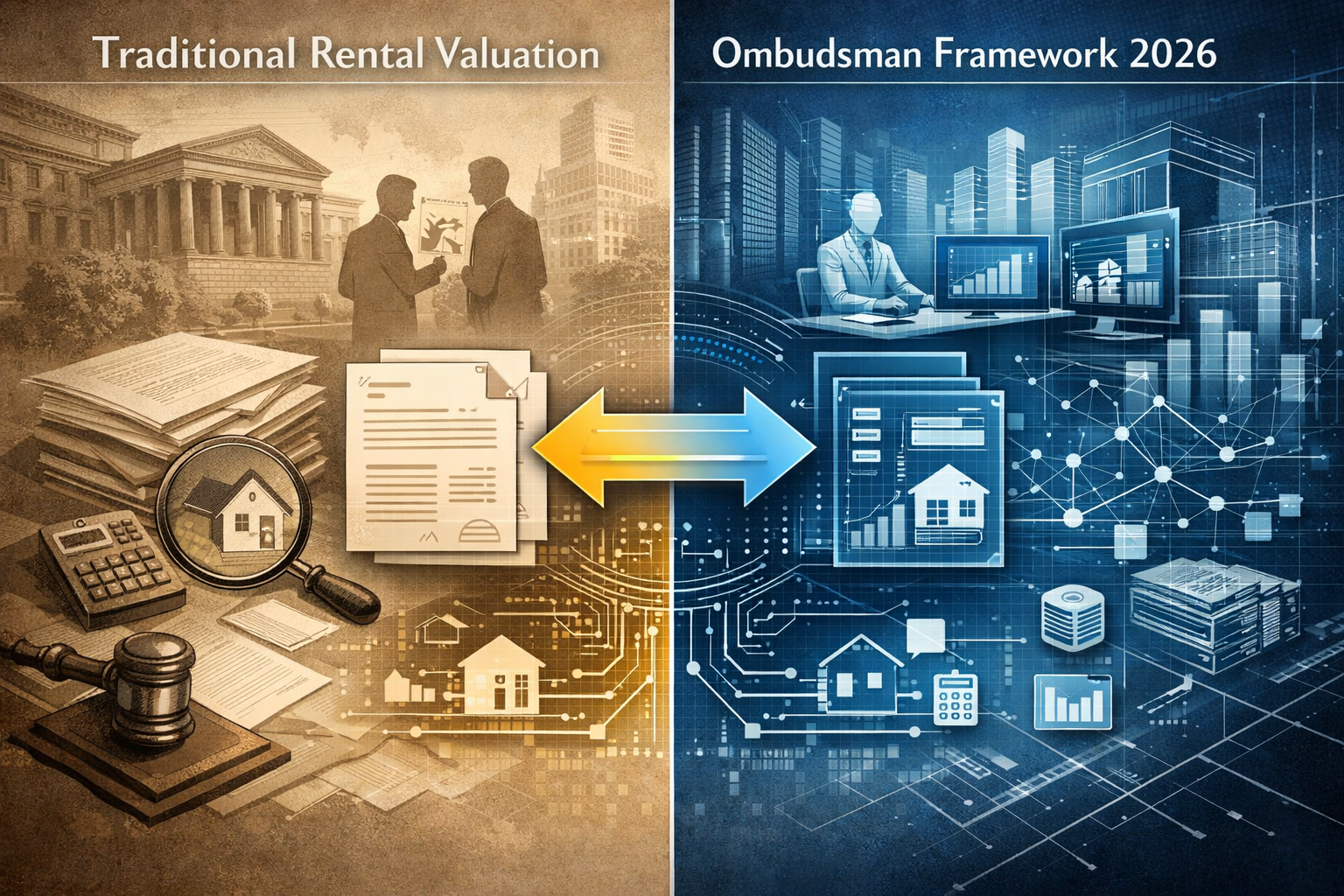 Section 2 conceptual illustration depicting the evolving 2026 Rental Dispute Landscape: Split-screen visualization showing