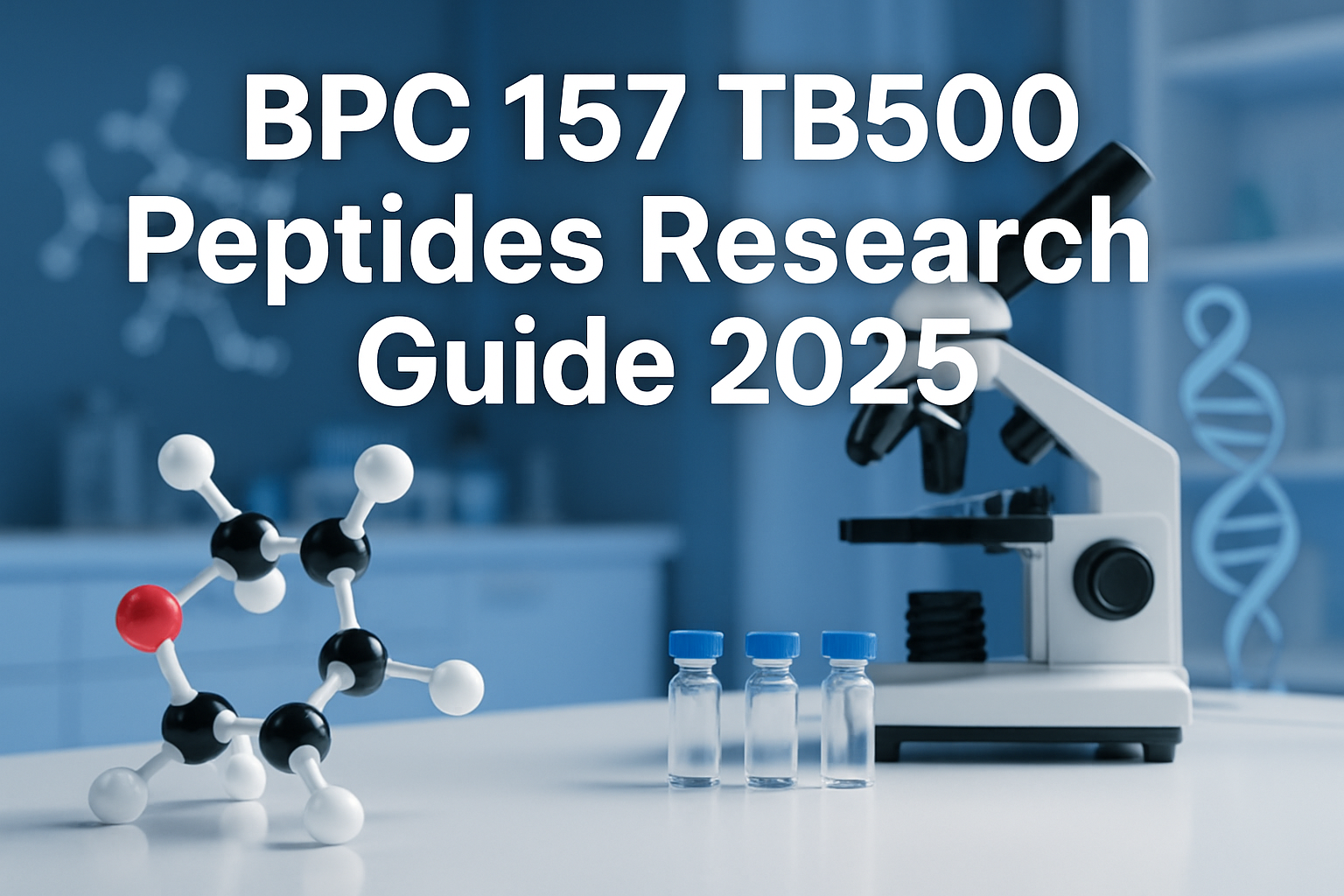 Professional landscape hero image (1536x1024) featuring bold text overlay 'BPC 157 TB500 Peptides Research Guide 2025' in extra large 72pt w