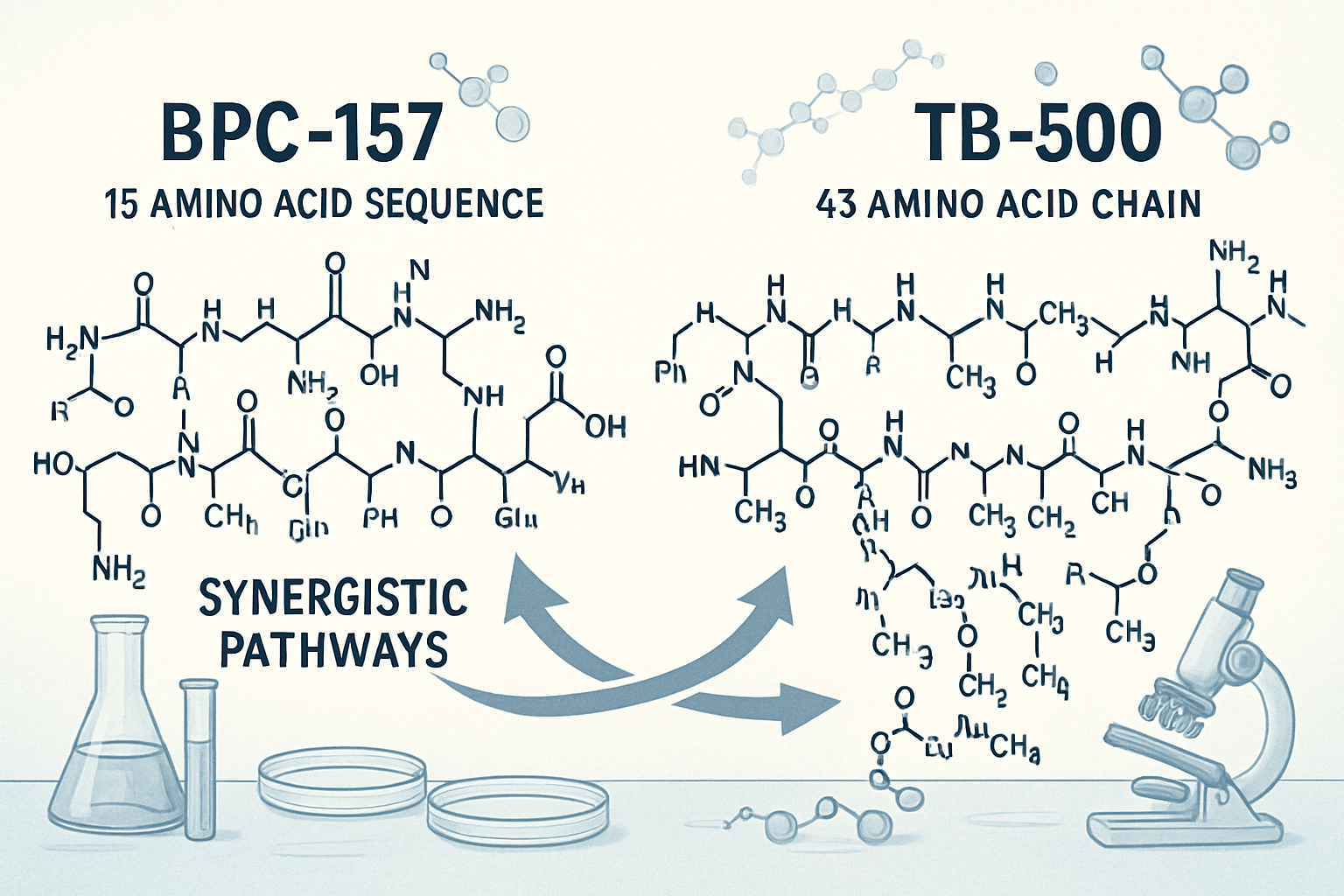 Scientific illustration showing BPC-157 and TB-500 molecular structures side by side, with 15 amino acid sequence for BPC-157 and 43 amino a